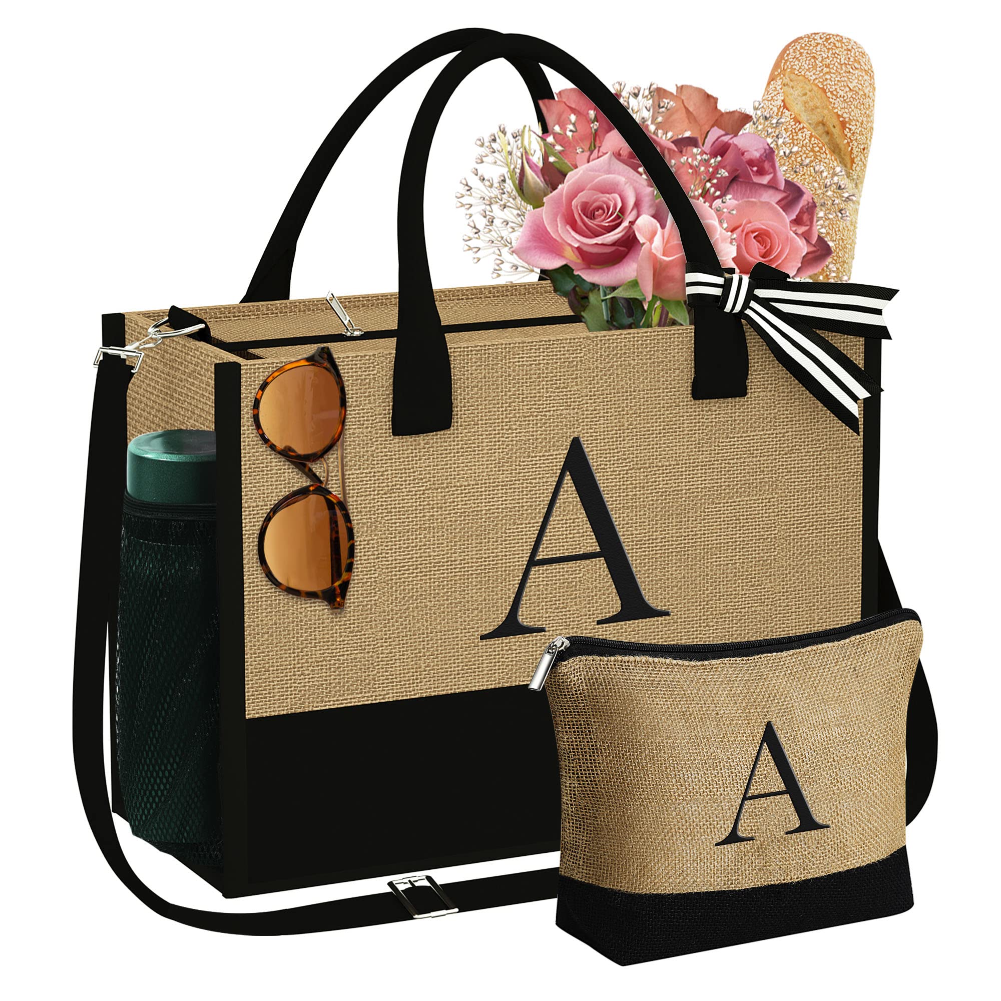 YOOLIFE Personalized Initial Jute Tote Bag & Makeup Pouch Set - Monogrammed Gift for Women, Mom, Wife, Teacher, Friend - Perfect for Birthday, Mother's Day & Everyday Use | Great for Shopping, Travel & Work