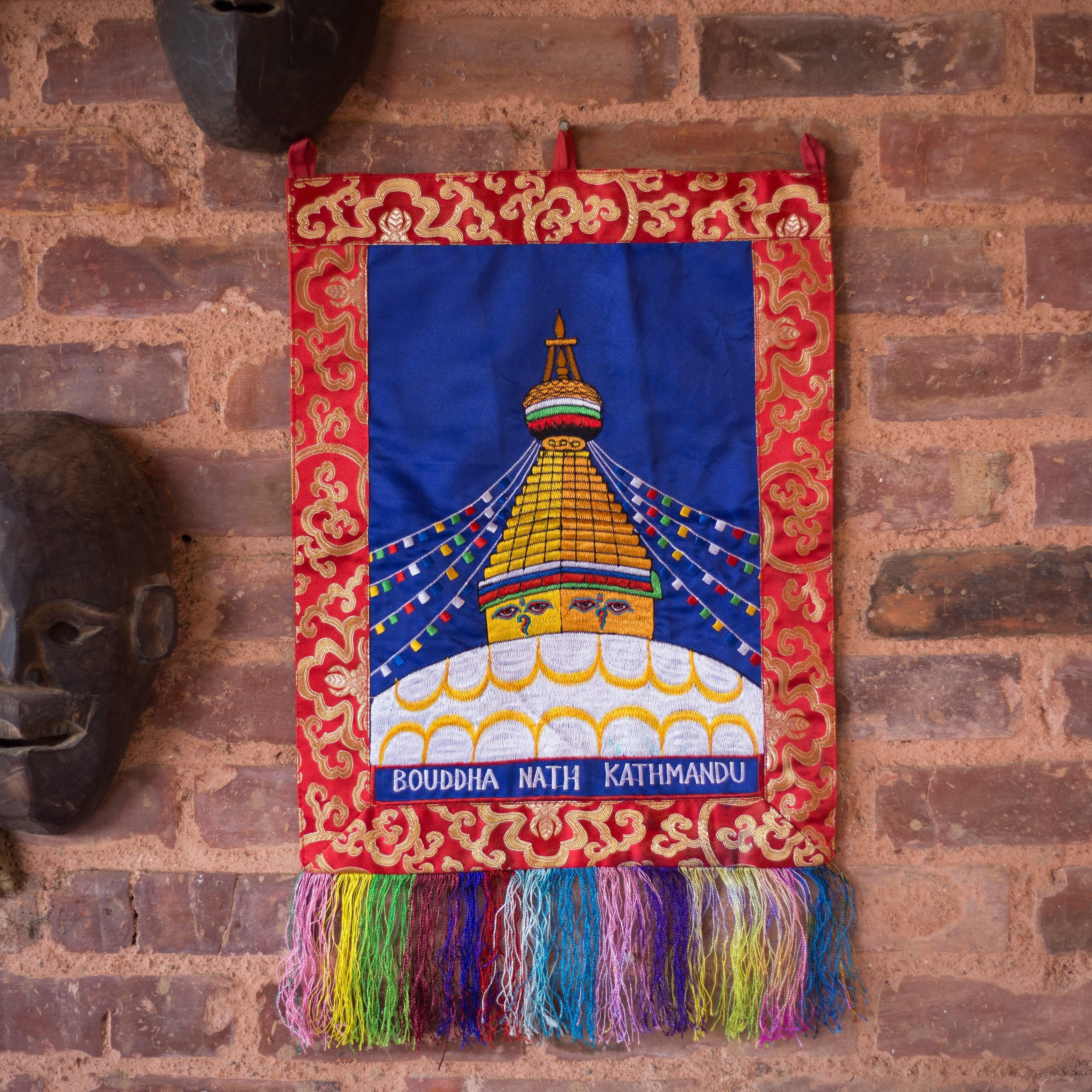 Handmade Boudhanath Embroidered Wall Hanging Tapestry - Tibetan Buddhist Decor for Meditation Room & Home Spiritual Decor