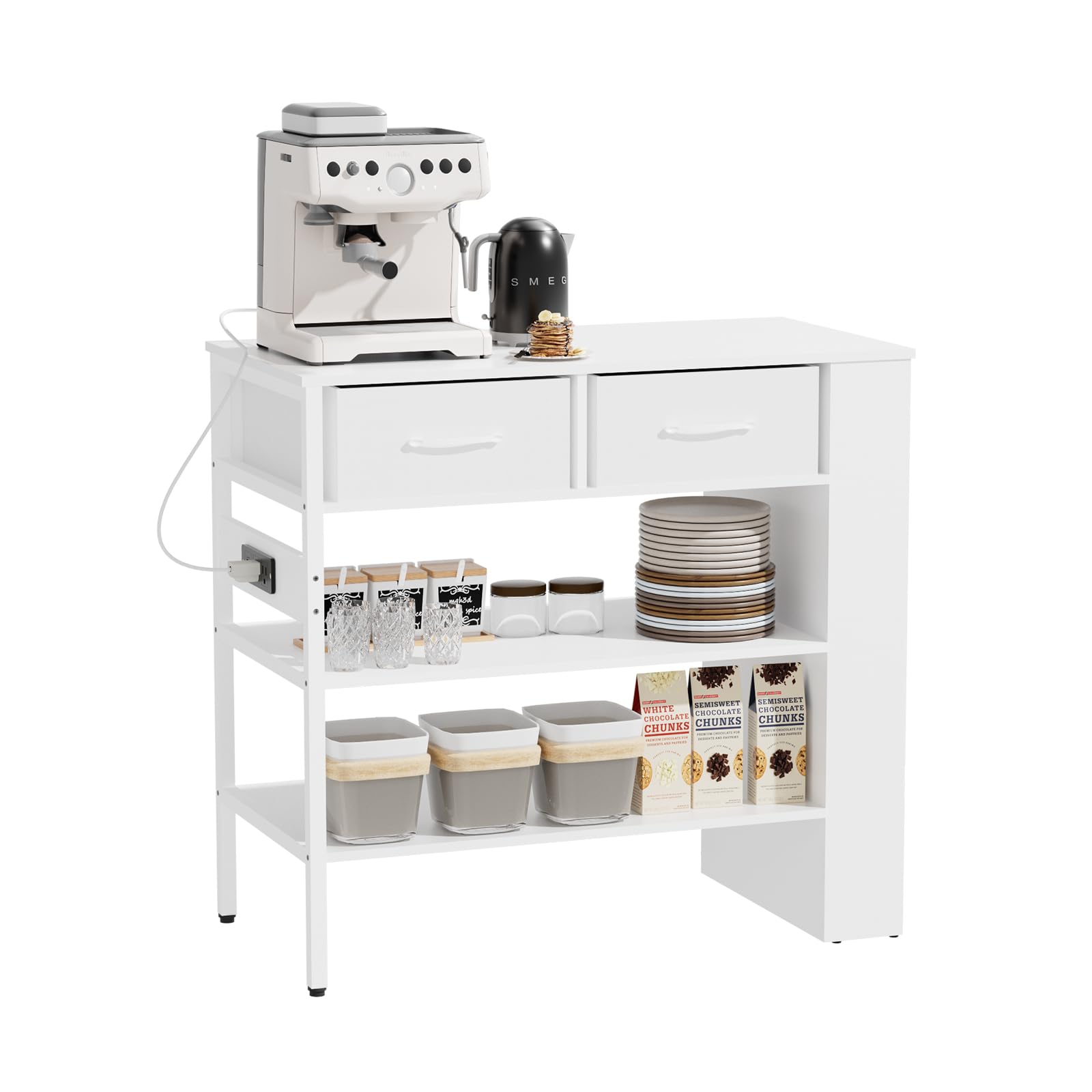 Modern Kitchen Island with Open Storage Shelves & Power Outlet - White Kitchen Bar Table with Spice Rack - Perfect for Small Kitchens, Dining Areas & Entertaining Guests