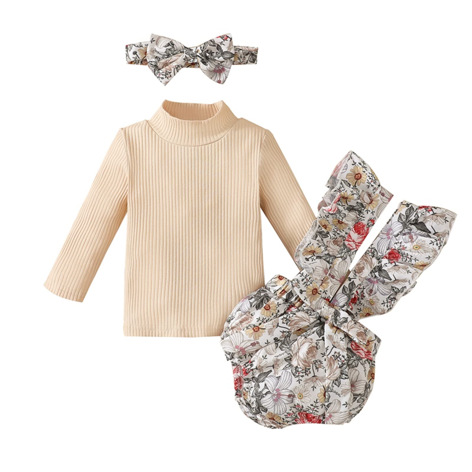 Newborn Baby Girl Outfit - Ribbed T-Shirt & Floral Straps Bodysuit with Shorts | Fall Baby Clothes for Photos, Parties & Everyday Wear