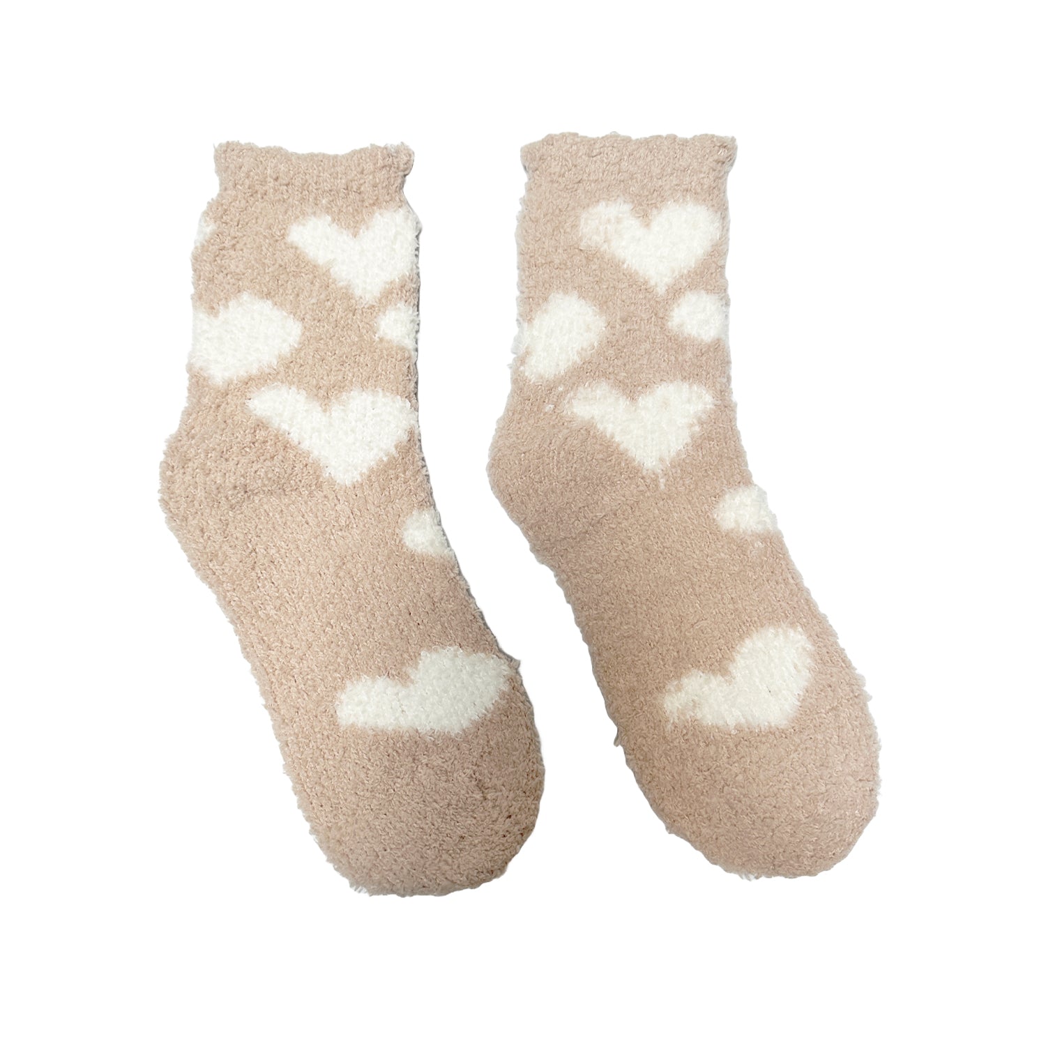 FLOOF Fuzzy Heart Socks - Cozy Beige & White Knit Slipper Socks for Women - Perfect for Valentine's Day Gifts, Lounge Wear & Winter Home Comfort