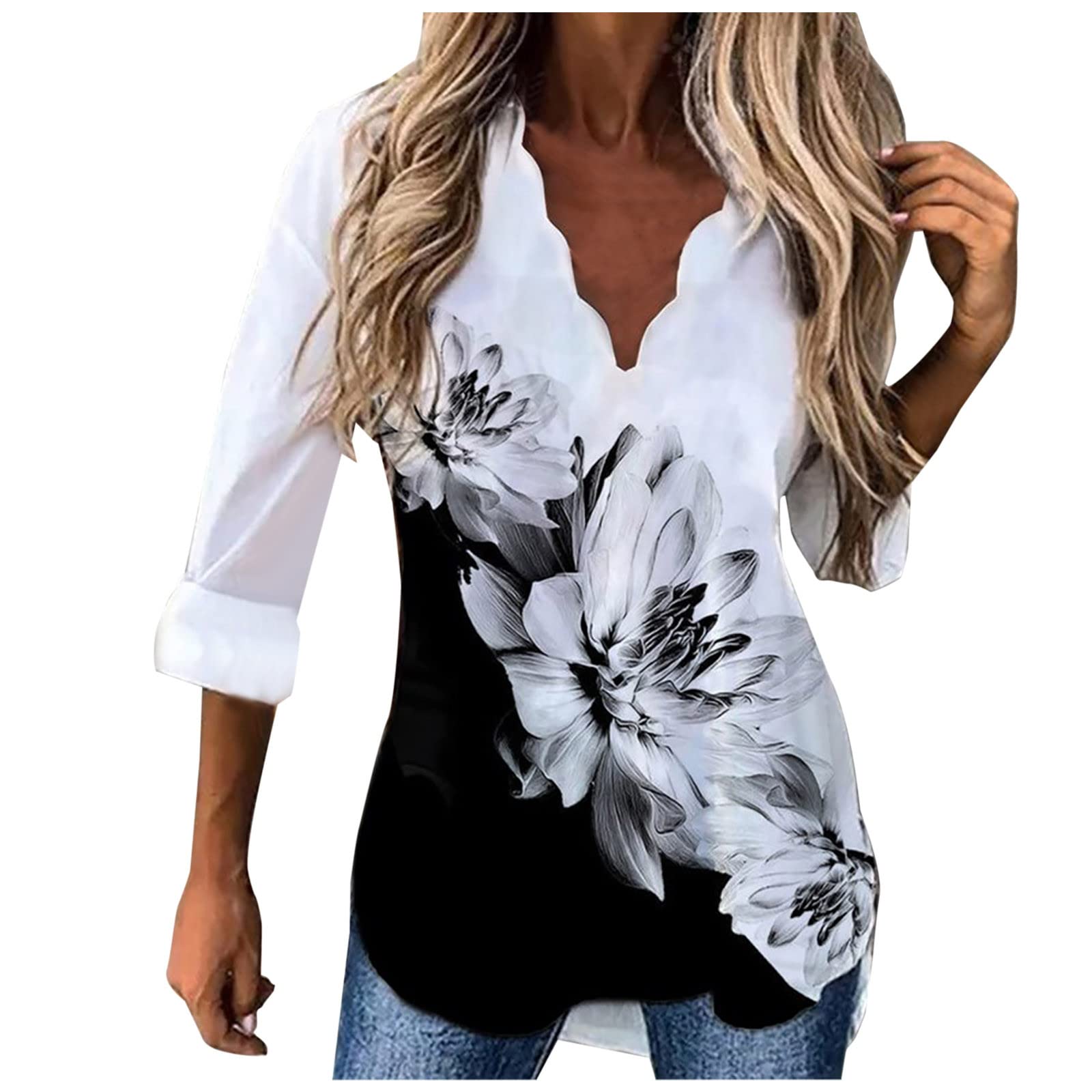 Lace V Neck Blouse Floral Print Loose Fit for Leggings & Casual Wear