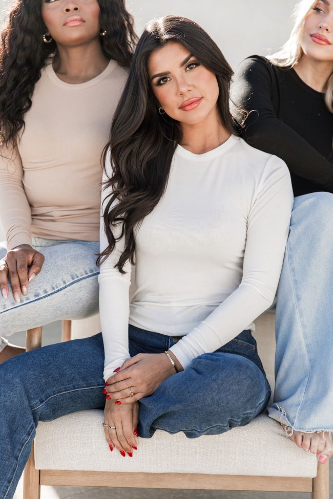 Stylish Ivory Ribbed Long Sleeve T-Shirt for Women - Soft Comfort Fit Basic Top - Perfect for Casual Wear, Layering & Everyday Outfits