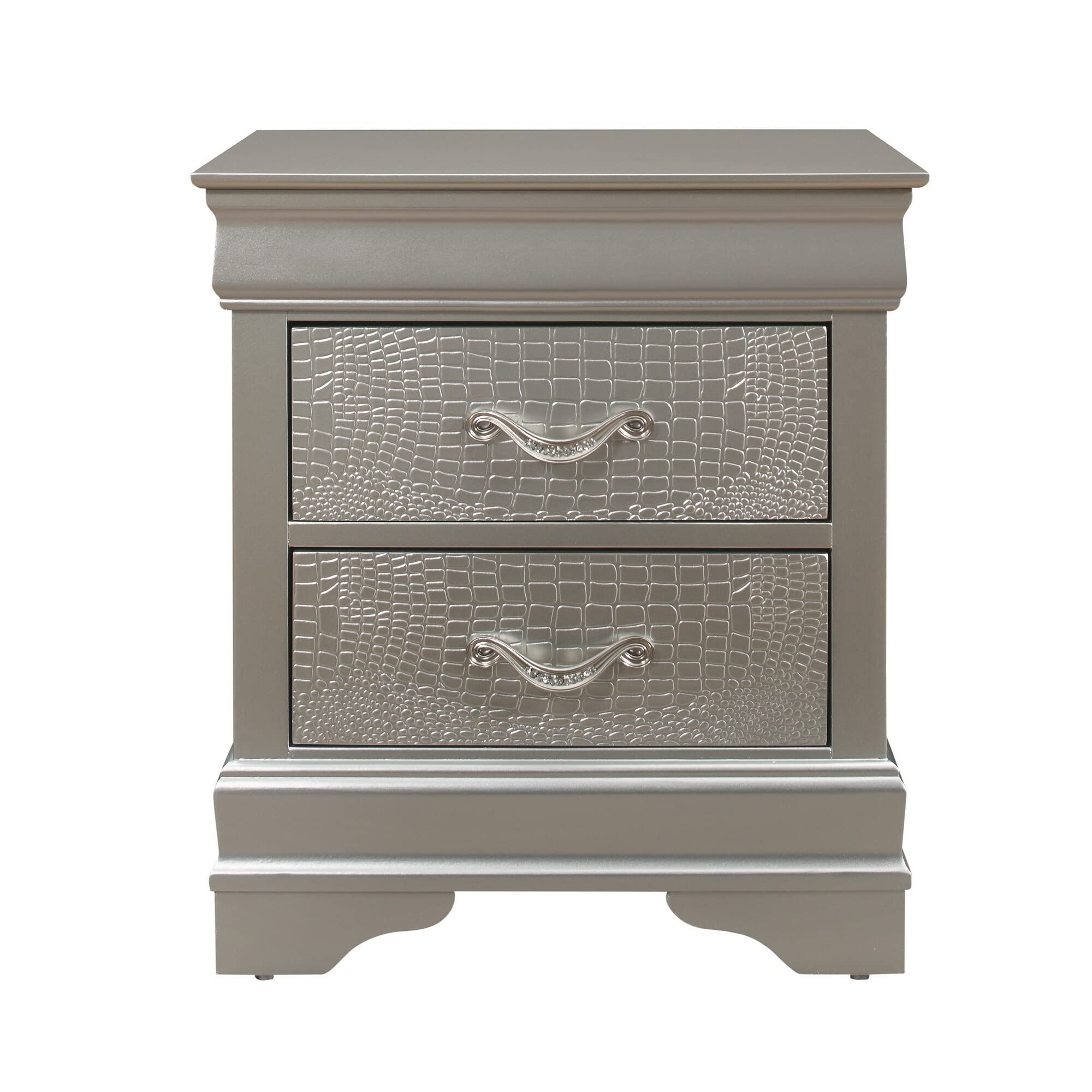 Modern Silver Tone Nightstand with 2 Spacious Drawers - Solid Rubberwood Bedside Table for Bedroom, Living Room, or Office Storage