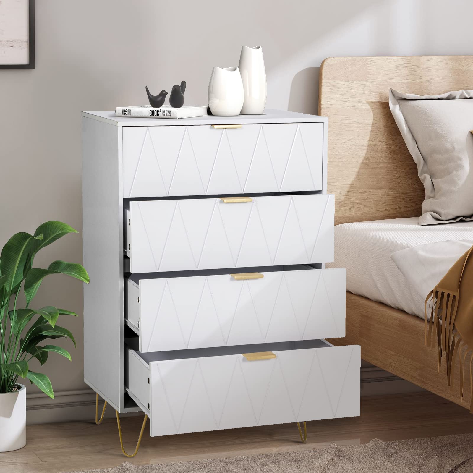4-Drawer White Wooden Dresser for Bedroom - Modern Storage Cabinet with Metal Legs, Bedroom Furniture Organizer for Clothes, Accessories | Perfect for Bedroom, Living Room, Closet & Hallway Organization