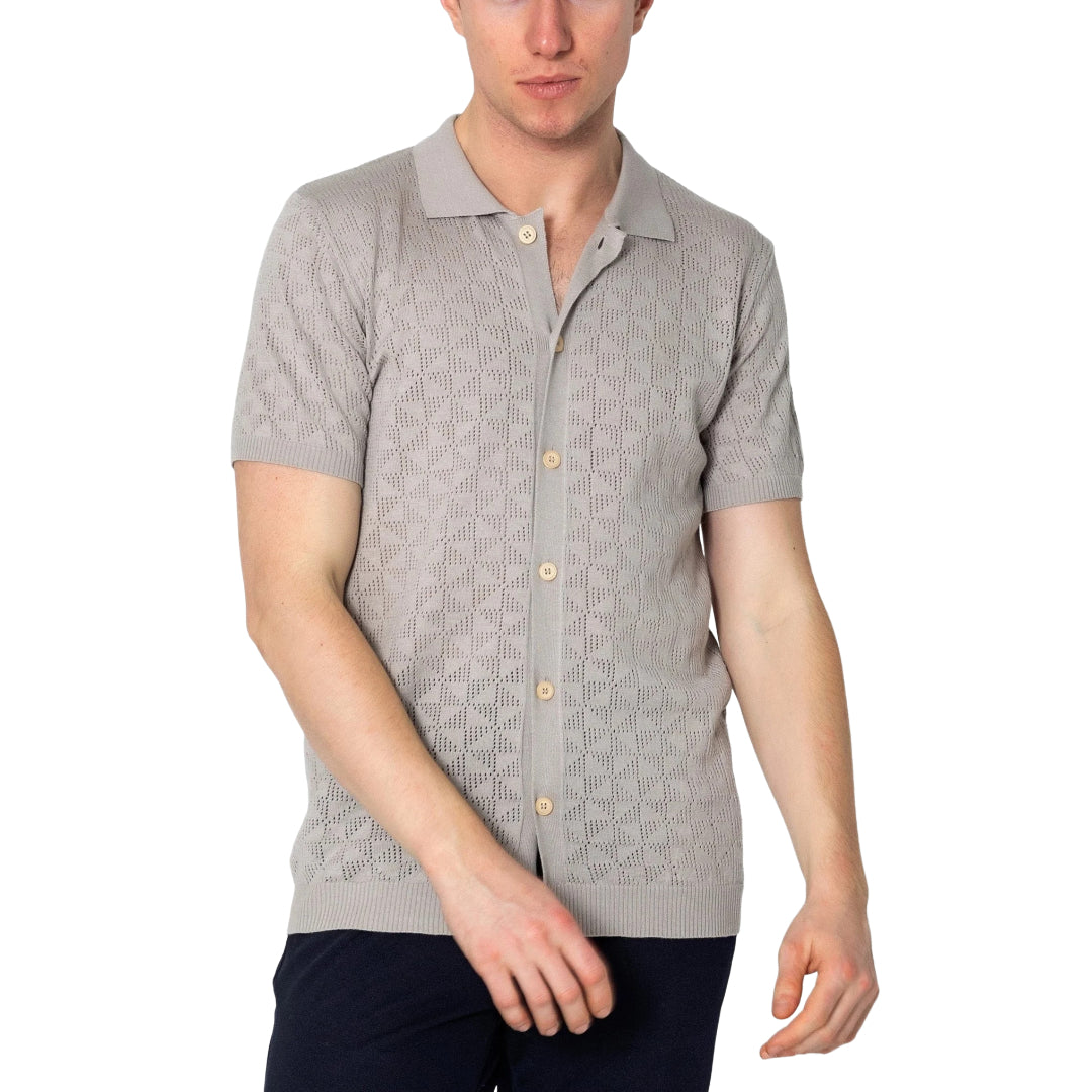 Geometric Crochet Polo Shirt for Men - Trendy Grey Knit Cotton Top for Casual Wear & Summer Outfits