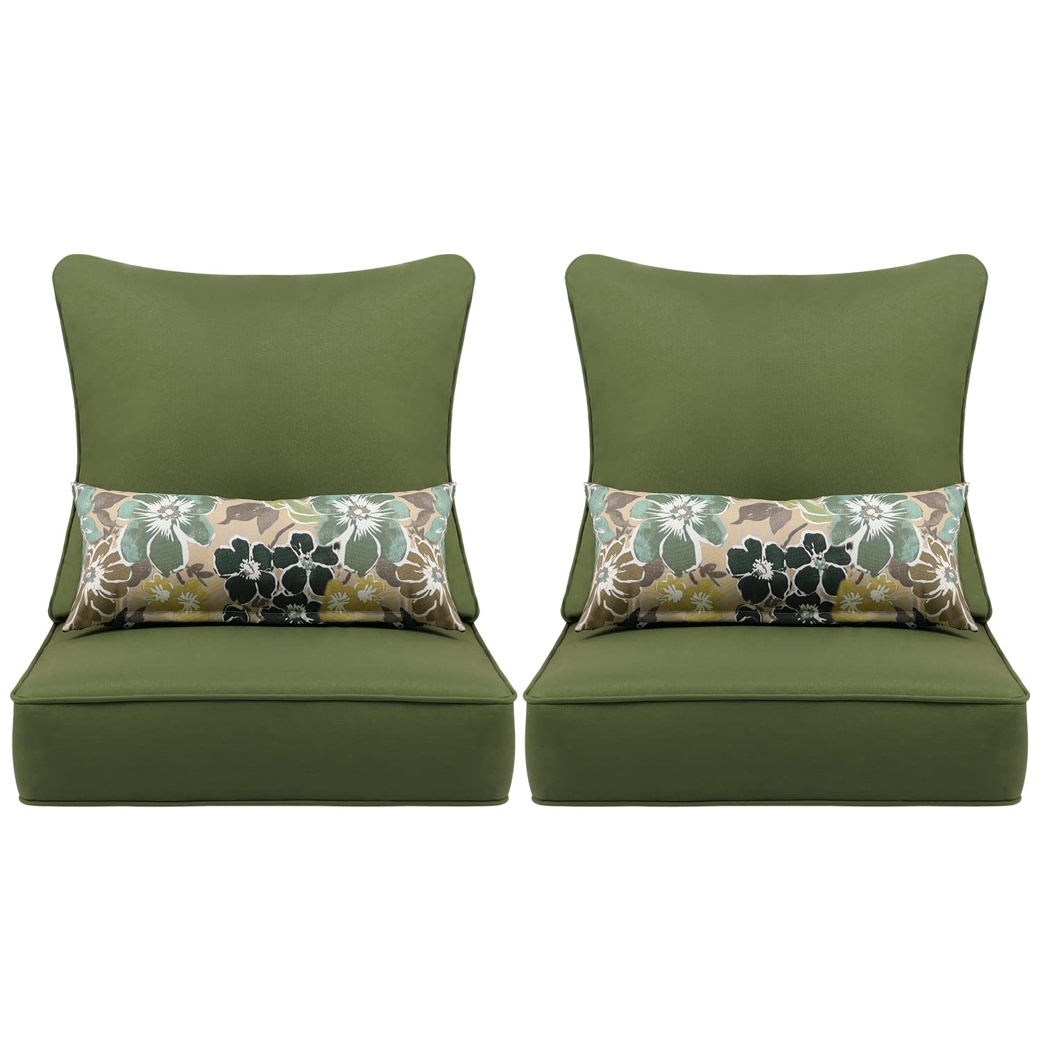Aoodor 24x24 Inch Outdoor Deep Seat Chair Cushion Set - Water-Resistant Olefin Fabric with High-Density Sponge Foam - Green Patio Cushions (Set of 2 Seat Cushions, 2 Back Cushions & 2 Lumbar Pillows) - Perfect for Garden, Poolside, Deck & Patio Furniture