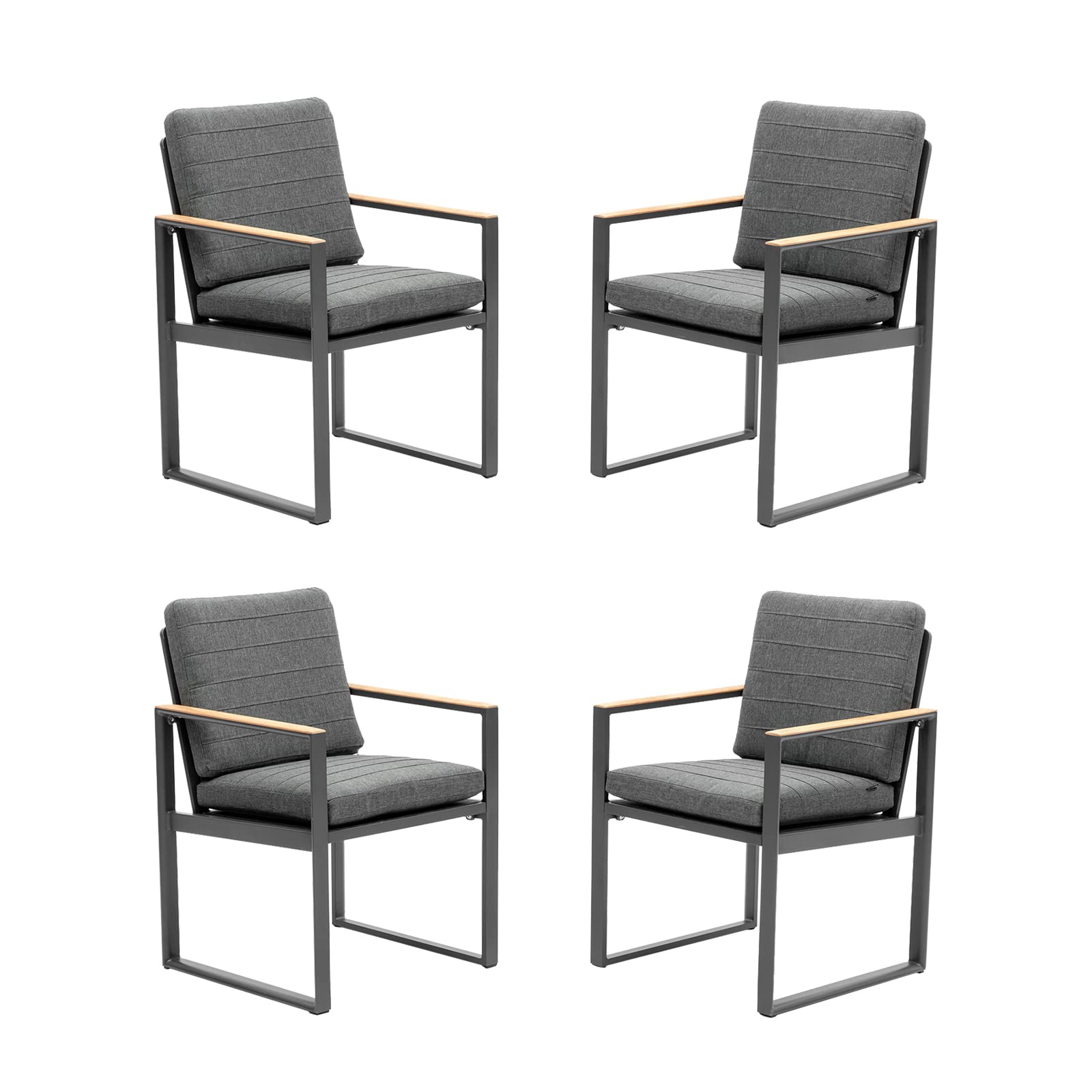 **4-Piece Outdoor Dining Chair Set with Seat Cushions - Aluminum Frame & Teak Armrests - Patio, Garden, Poolside Furniture (Grey)**    *(Perfect for backyard BBQs, garden parties, and relaxing by the pool!)*