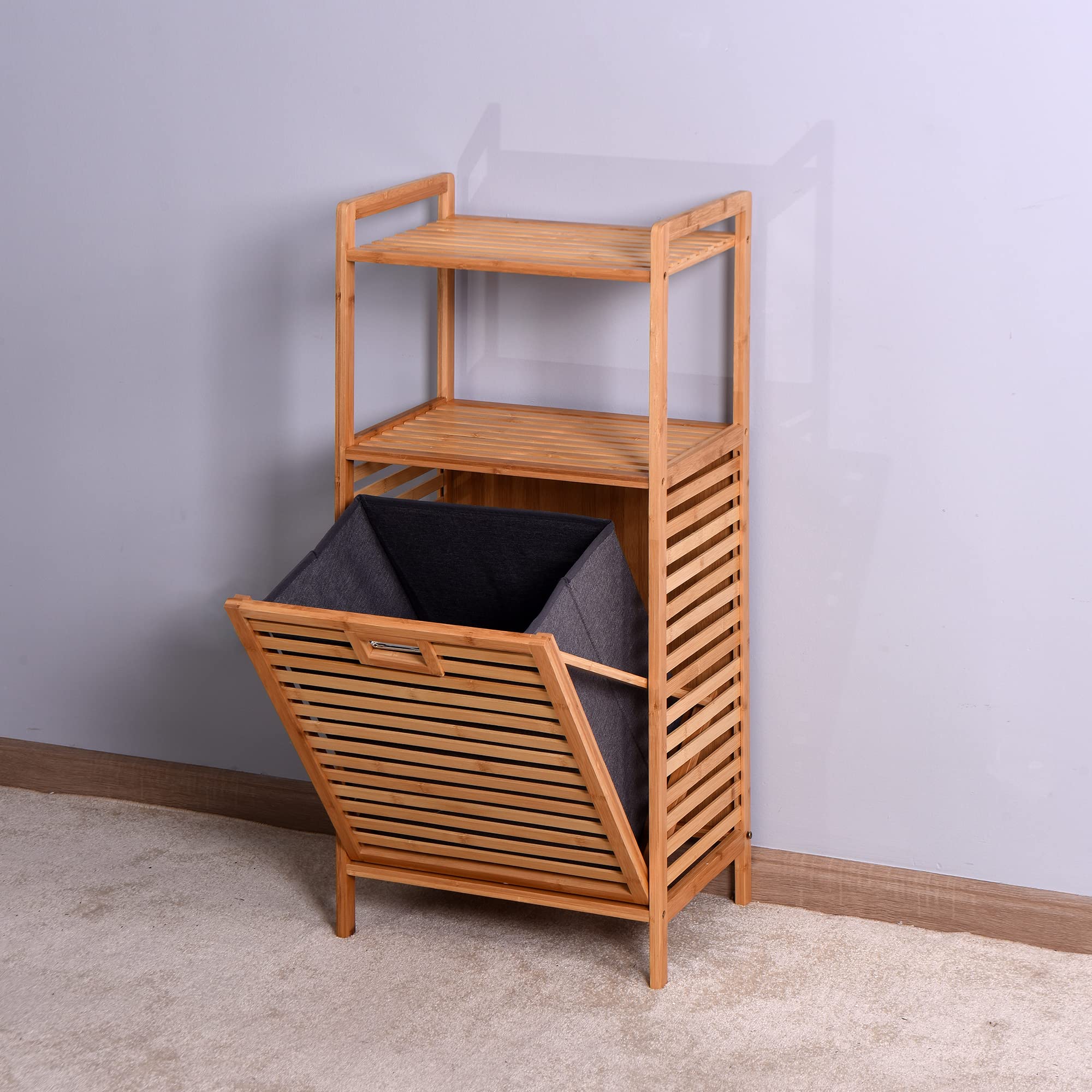 LUKYRA 2-Tier Bamboo Laundry Hamper & Storage Basket for Bathroom - 17.32 x 13 x 37.8 Inch | Space-Saving Organizer for Towels, Clothes & Toiletries | Perfect for Small Bathrooms, Laundry Rooms & Bedrooms