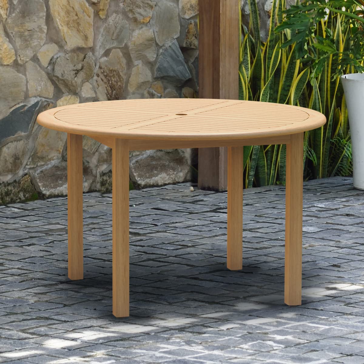 Brampton Lucca 48 Inch Round Outdoor Dining Table - Solid Eucalyptus Wood with Teak Finish - Weather Resistant Patio Table for Garden, Deck, Backyard & Indoor Dining - Brown