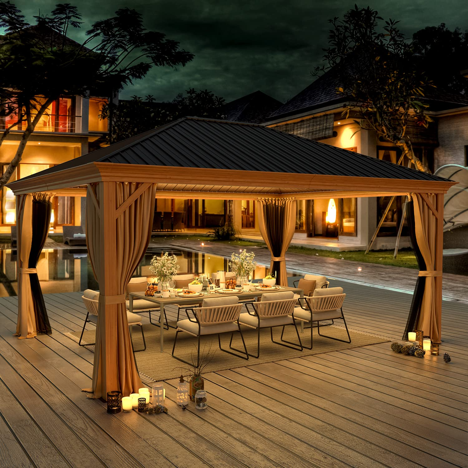 12' x 16' Hardtop Aluminum Gazebo with Wood Grain Finish - Permanent Outdoor Canopy for Garden, Deck, Patio & Backyard Parties | Weather-Resistant Pavilion for Outdoor Entertaining & Relaxation