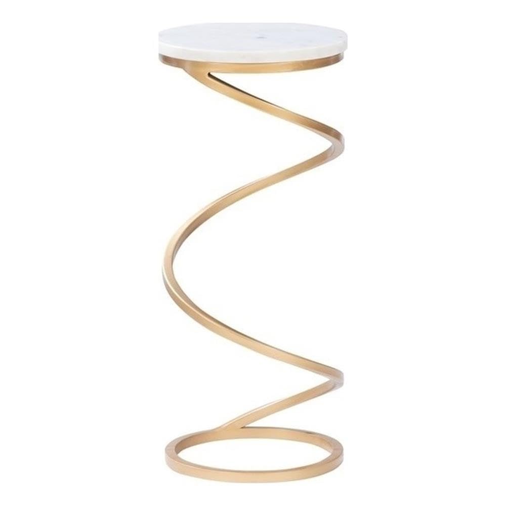 Modern Round Metal & Marble Side Table with Spiral Base - Gold/White Finish - Perfect for Living Room, Patio, or Office Decor