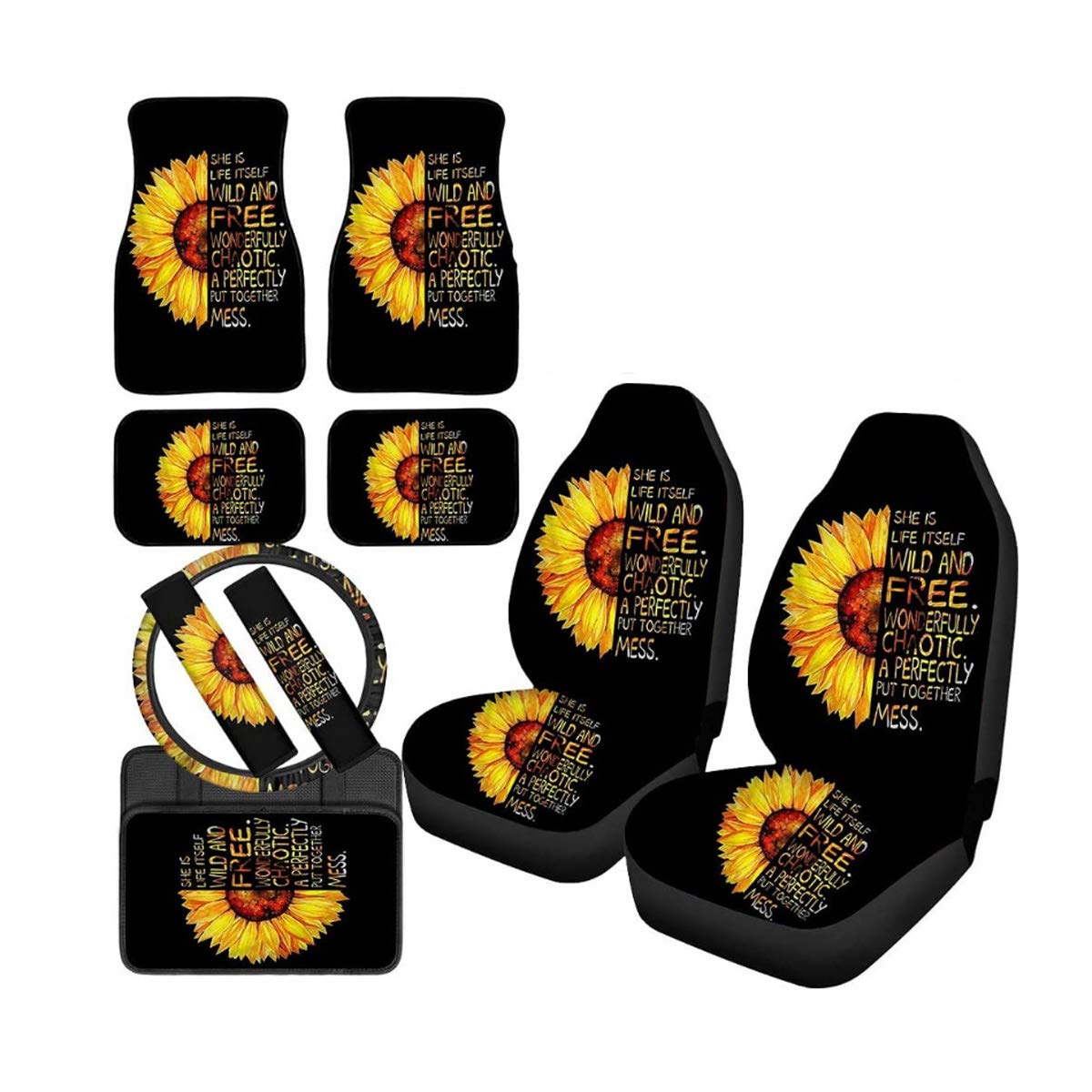 Premium Sunflower Black Car Accessories Set - Front Seat Covers, Floor Mats, Console Armrest, Steering Wheel Cover & Seat Belt Pads for SUV, Truck & Van | Durable & Stylish Interior Protection