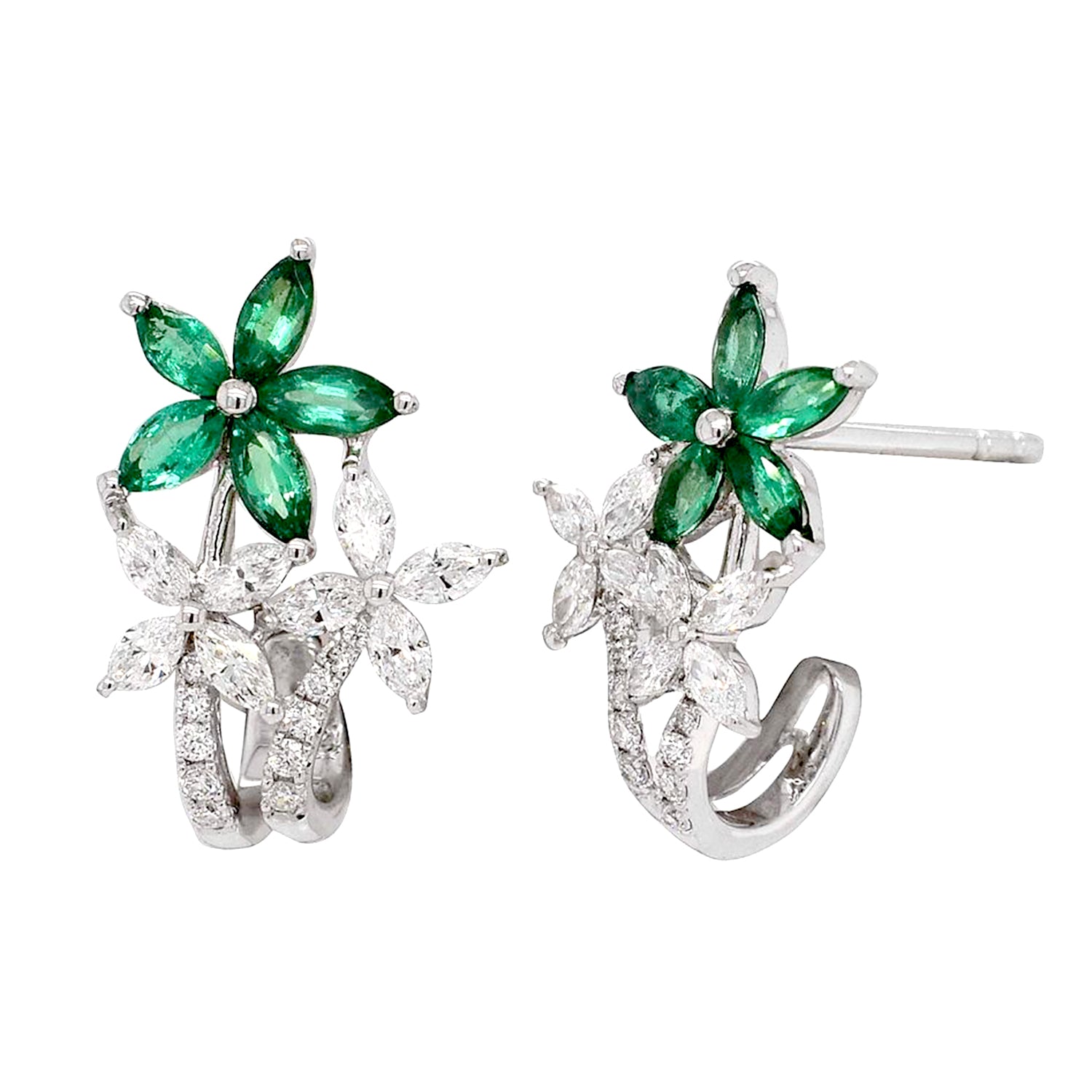 Exquisite Marquise Cut Emerald Prong Rose Cut Flower Stud Earrings in 14K White Gold - Perfect for Weddings, Anniversaries & Special Occasions