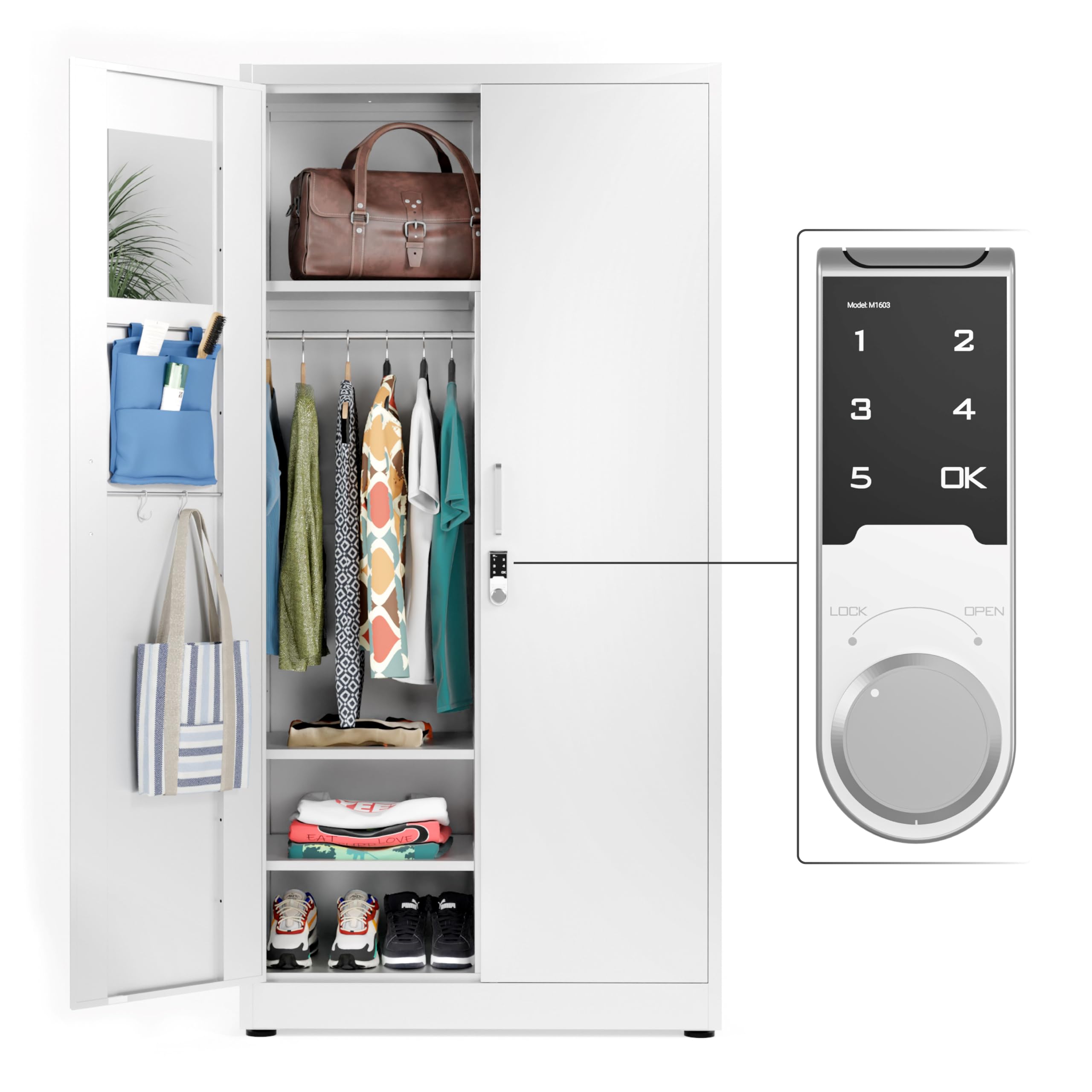 METALTIGER Secure Metal Storage Cabinet with Digital Lock - Adjustable Shelves, Removable Hanging Rods & Mirror - Perfect for Home, Office, Gym & Dorm Organization (White)
