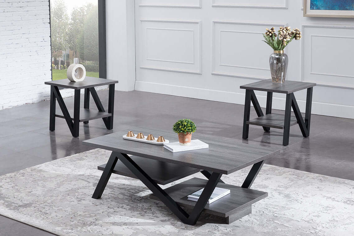3-Piece Modern Coffee Table Set with Grey Top and Black Metal Legs - Perfect for Living Room, Lounge, or Office Decor
