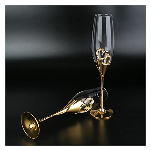 Elegant 2-Piece Wedding Champagne Flutes Set with Crystal Glass & Gold Metal Stand - 200ml Wine Goblets for Anniversary, Valentine's Day & Romantic Celebrations - Perfect for Toasts, Bridal Showers, and Couples' Gift Giving