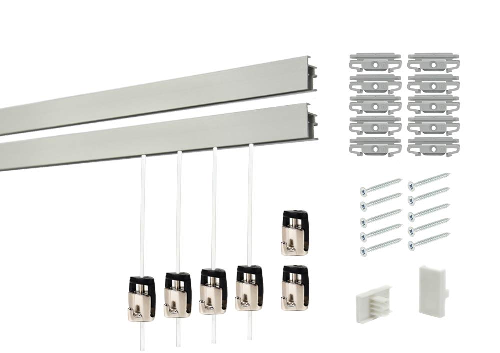 Shades Superior Heavy Duty Picture Hanging System Kit - 4 Matte Silver Rails, 8 Hooks & Clear Cords for Wall Art & Photo Displays | Perfect for Home, Office & Gallery Decor