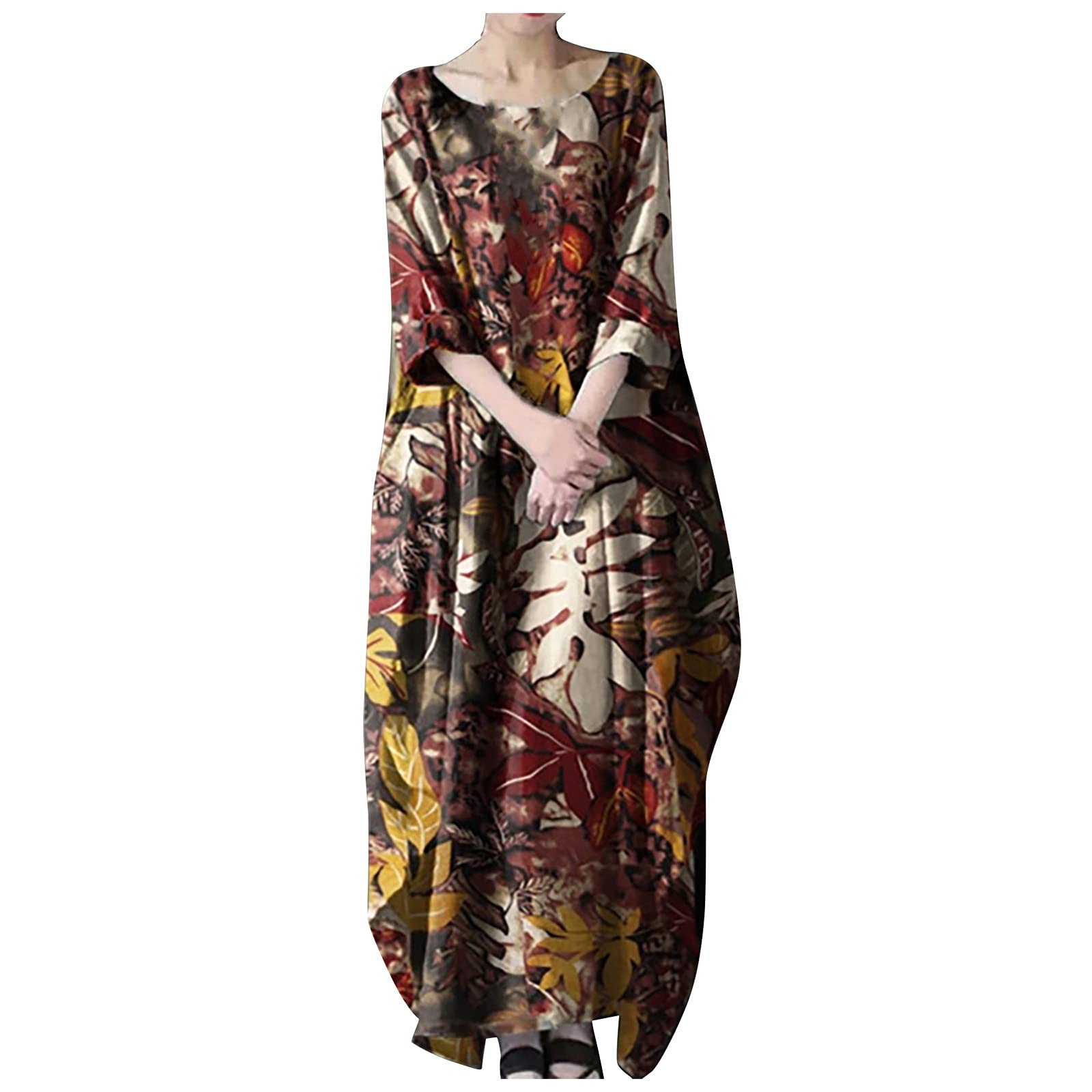 VEZAD Women's Bohemian Maxi Dress with Three-Quarter Sleeves - Loose Flowy Knee-Length Skirt Dress for Beach, Vacation & Summer Outfits
