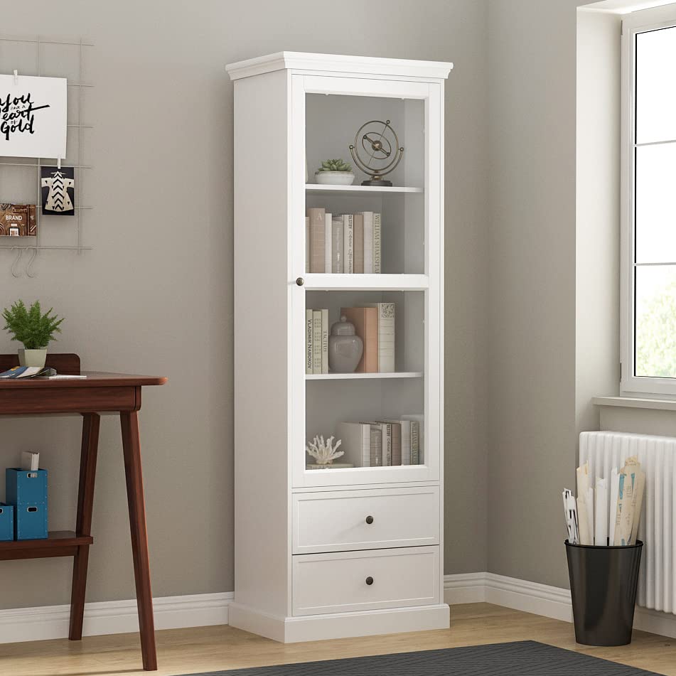 AIEGLE 4-Shelf Wooden Bookcase with 2 Drawers & Acrylic Glass Doors - Tall Storage Cabinet for Living Room, Office, Bedroom - White Display Shelf (23.8