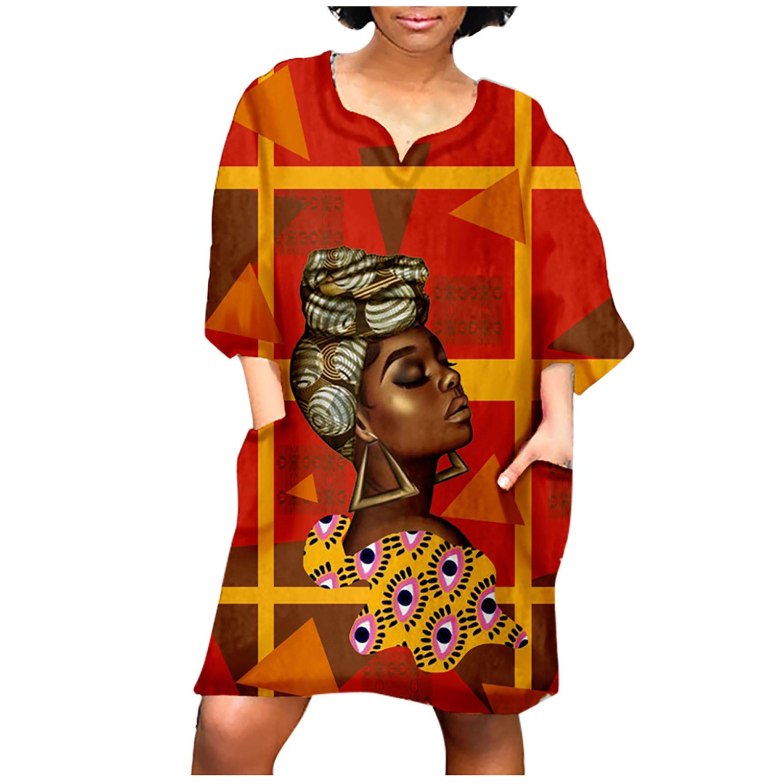 Stylish African Print V-Neck Vintage Mini Sleeve Dress for Women - Casual Fashion Tee Length Dress for Everyday Wear & Summer Outings