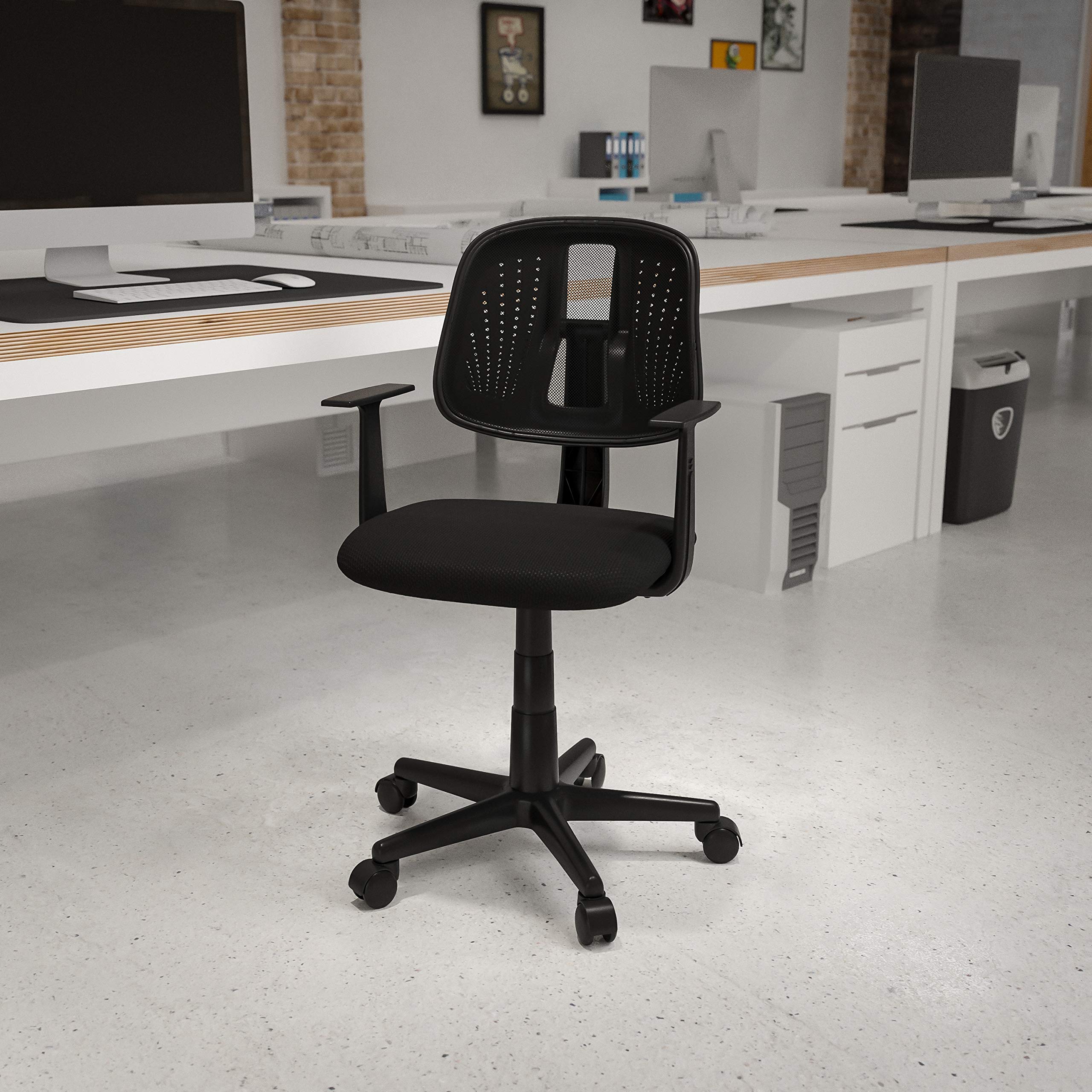 EMMA + OLIVER Pivot Back Black Mesh Swivel Task Office Chair with Arms - BIFMA Certified Ergonomic Desk Chair for Home Office & Workspace