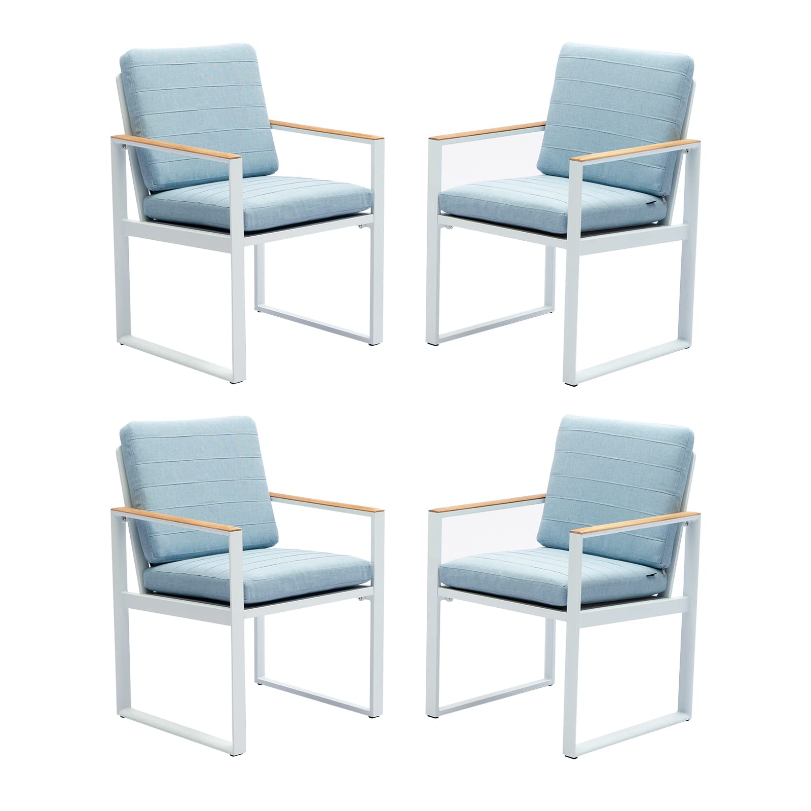 Premium 4-Piece Outdoor Dining Chair Set with Cushions - Durable Aluminum Frame & Teak Armrests - Perfect for Patio, Garden, and Backyard Entertaining - Weather-Resistant White Outdoor Furniture