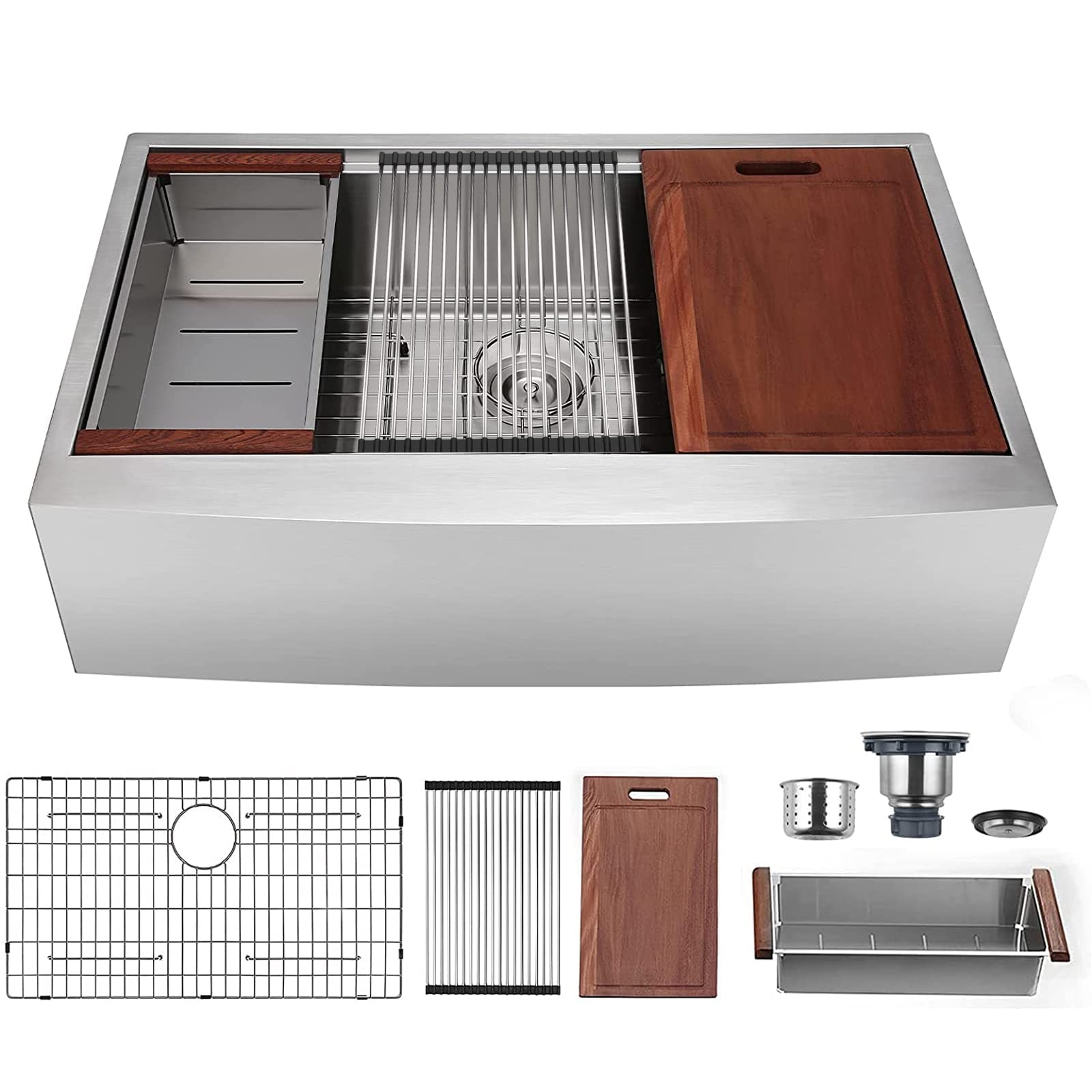 ALWEN 33 Inch Farmhouse Workstation Kitchen Sink - 18 Gauge Stainless Steel Apron Front Single Bowl with Ledge & Accessories | Modern Farmhouse Style for Rustic & Contemporary Kitchens