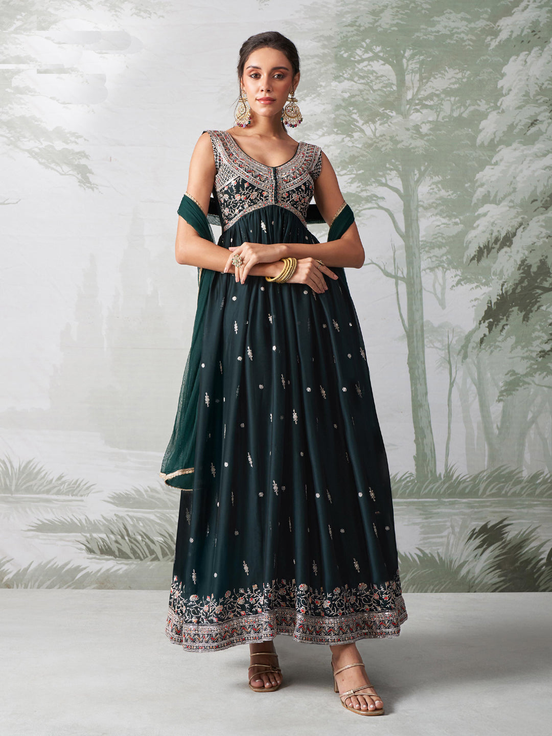 Elegant Bottle Green Designer Anarkali Dress with Exquisite Embroidery - Perfect for Weddings, Parties & Festive Occasions