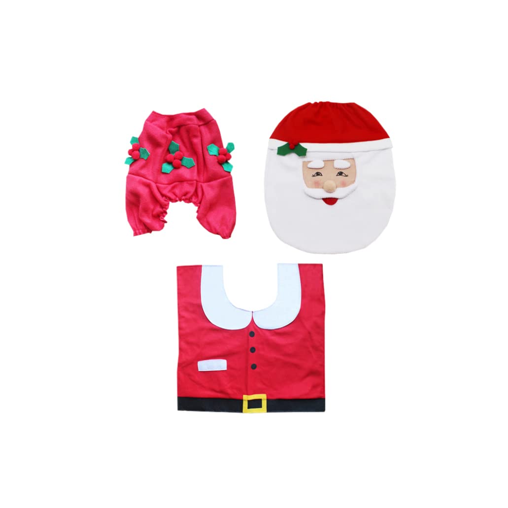 Santa Christmas Bathroom Set - 3pcs Toilet Cover, Rug & Tank Cover for Holiday Decor