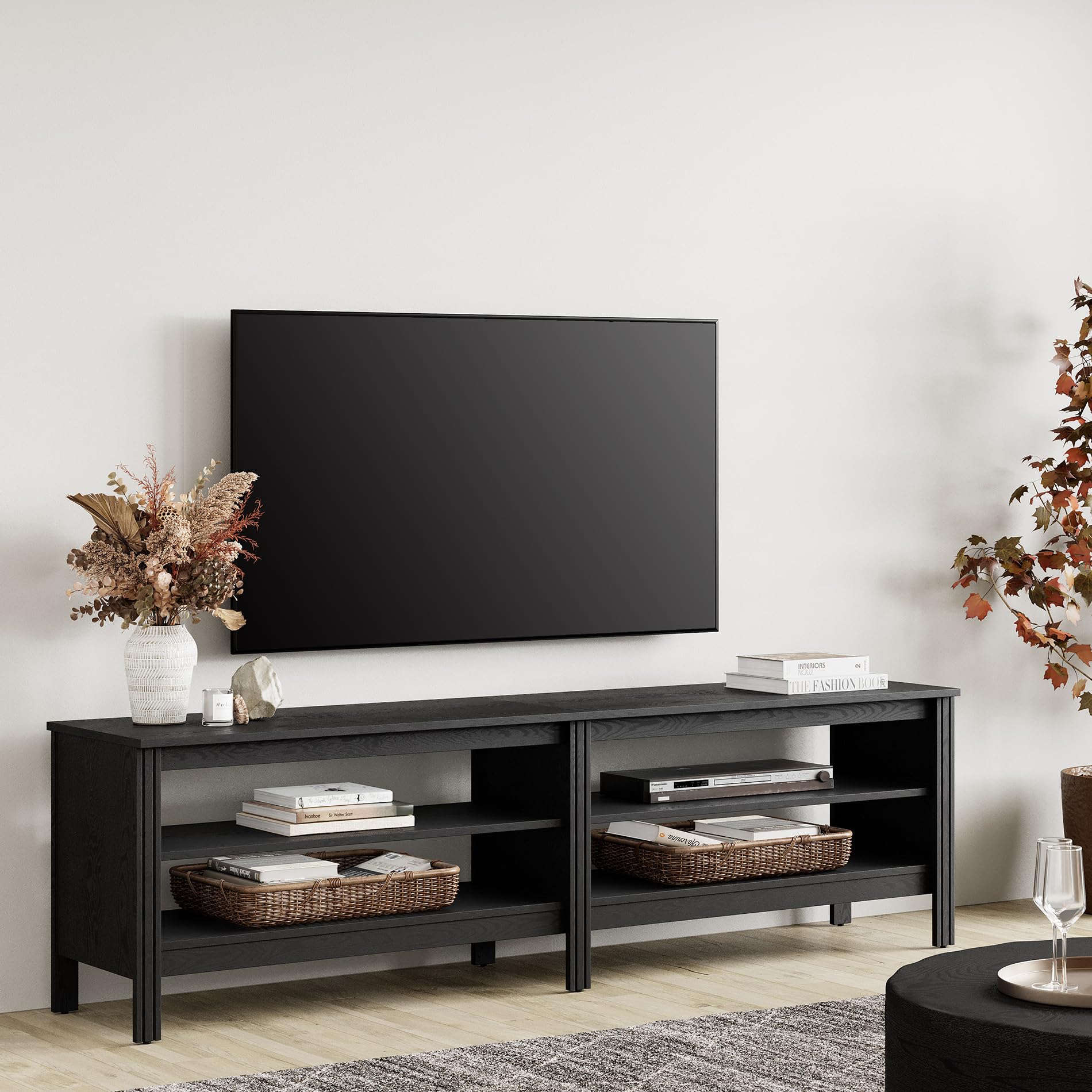 WAMPAT Farmhouse TV Stand for 75 Inch TV - Black Entertainment Center Media Console with 4 Storage Cubby - 70 Inch TV Table for Living Room & Bedroom | Perfect for Home Theater Setup & Modern Farmhouse Decor