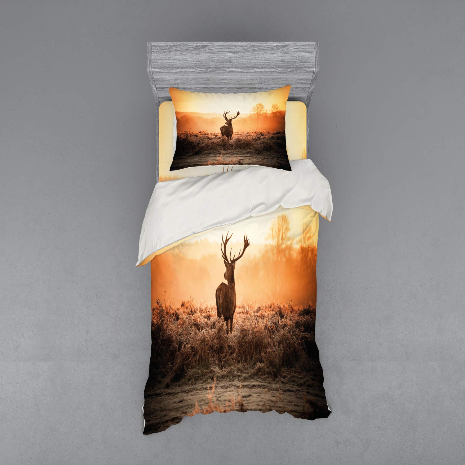 Ambesonne Hunting Themed 3-Piece Duvet Cover Set - Red Deer in Morning Sun Wilderness Nature Scenery, Twin Size Brown Orange Bedding with Sham & Fitted Sheet | Perfect for Cabin, Lodge or Rustic Home Decor