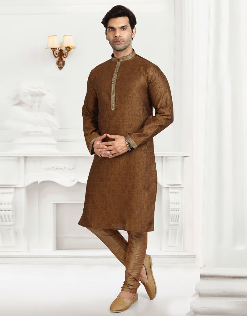 Elegant Brown Jacquard Silk Brocade Kurta with Churidar - Traditional Indian Ethnic Wear for Festivals, Weddings & Special Occasions