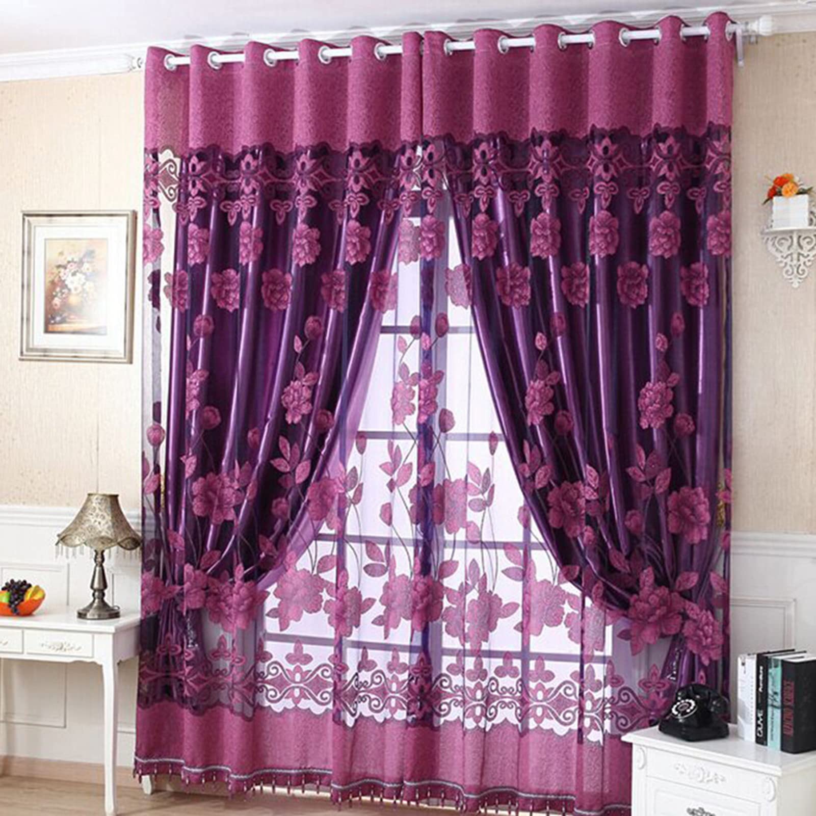 Acouto Floral Window Curtain - 1 Panel Elegant Polyester Drape for Bedroom & Living Room Decor - Perfect for Home, Apartment, and Office Window Treatments