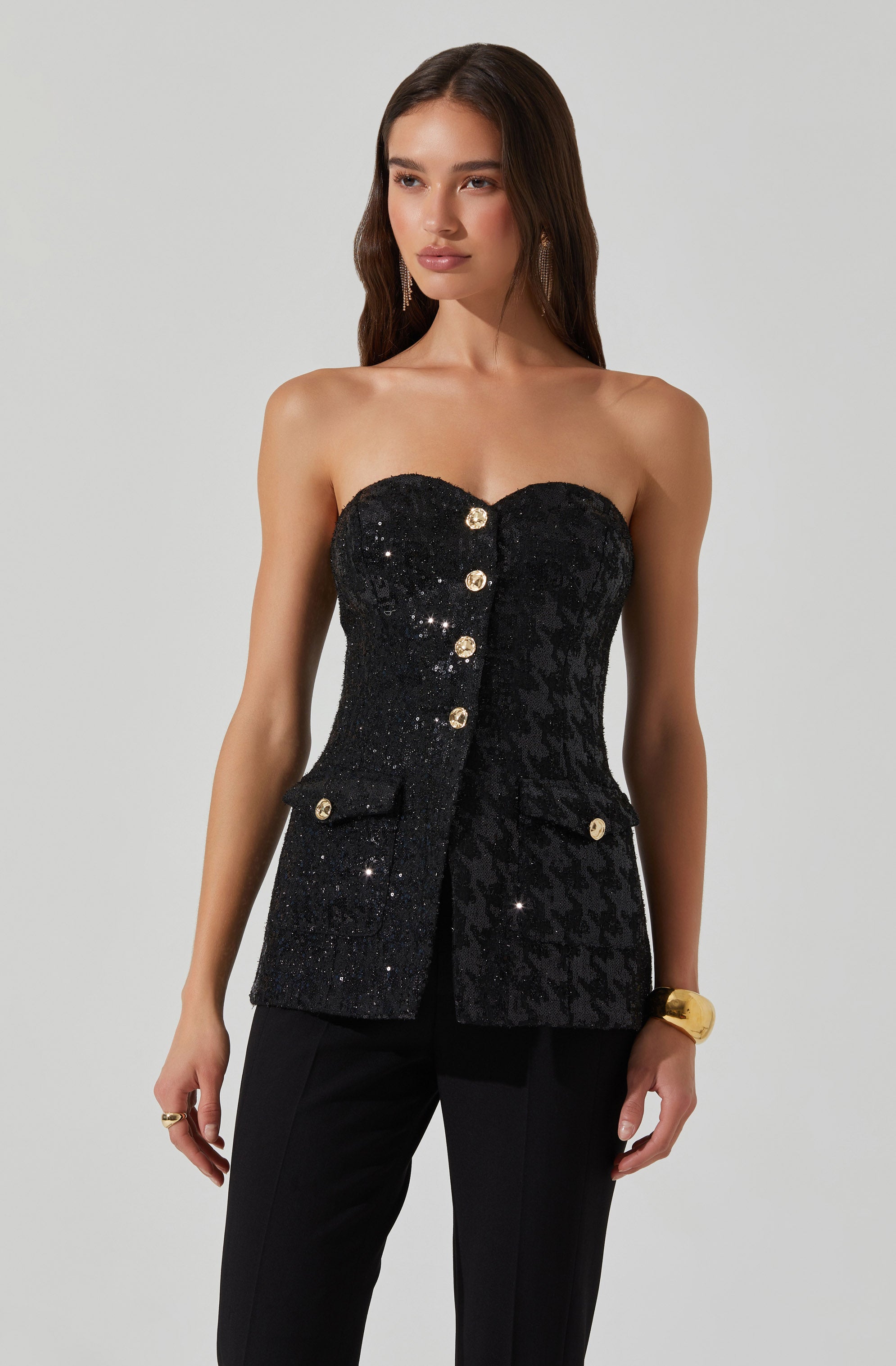 Milani Women's Tweed Houndstooth Sequin Blouse - Elegant Party Top for Holiday Gatherings & Night Out