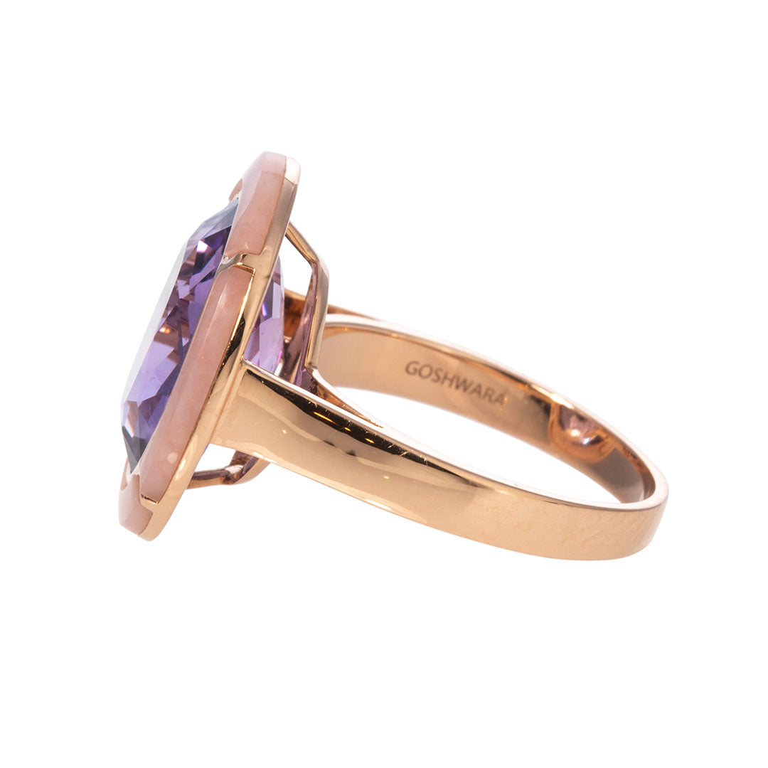 Goshwara 18K Gold Ring with Oval Light Amethyst & Pink Opal Inlay - Elegant Jewelry for Women, Perfect for Weddings, Anniversaries & Special Occasions