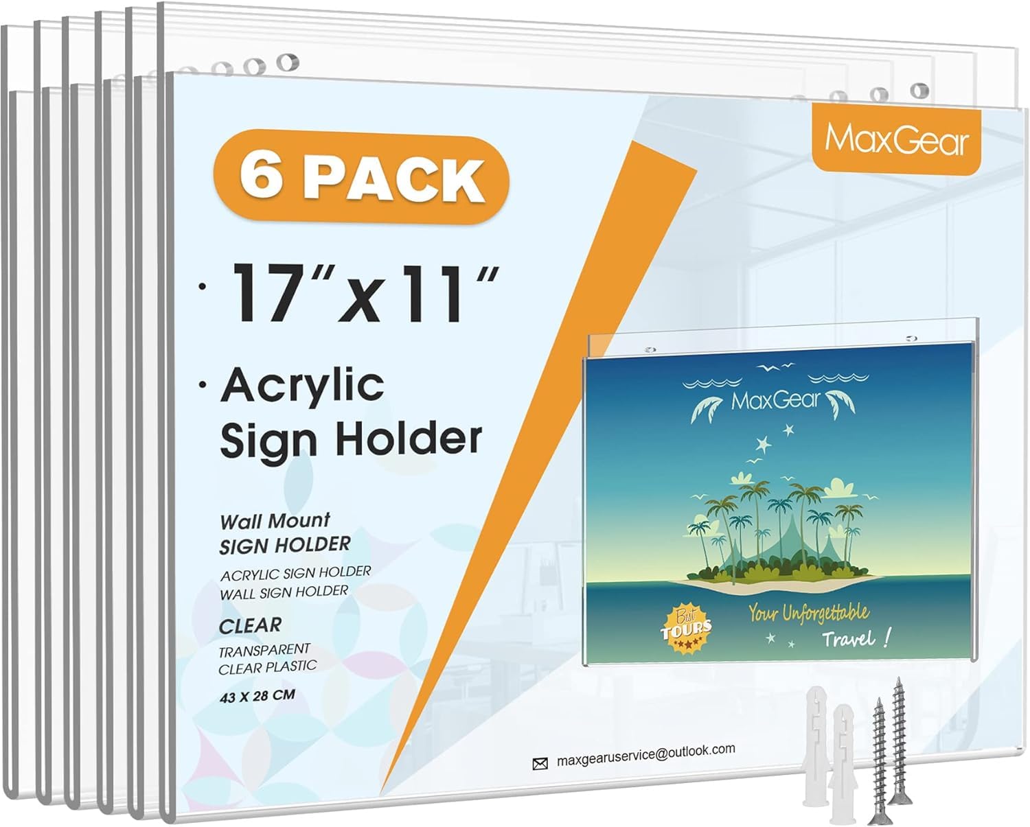 MaxGear 11x17 Inch Clear Acrylic Wall Sign Holder Set with Screws - Durable Plastic Sign Frame for Office, Home, Store, Restaurant & Outdoor Use - Perfect for Menu Boards, Price Displays & Directional Signs