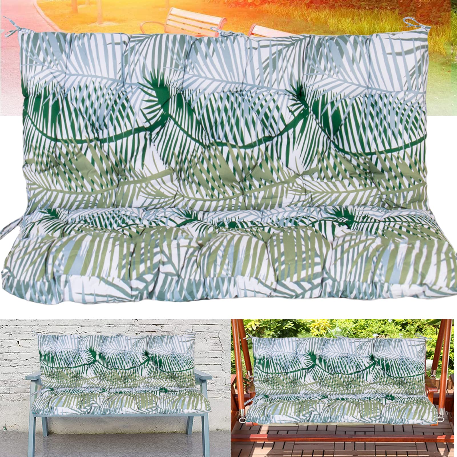 2 Seater Outdoor Glider Cushions Replacement - Waterproof Thick Bench Cushion with Backrest Ties for Porch Swing, Garden & Patio Furniture (Bamboo Leaf 40x40 Inch) - Perfect for Relaxing on Your Deck, Sunroom or Backyard Lounge Area