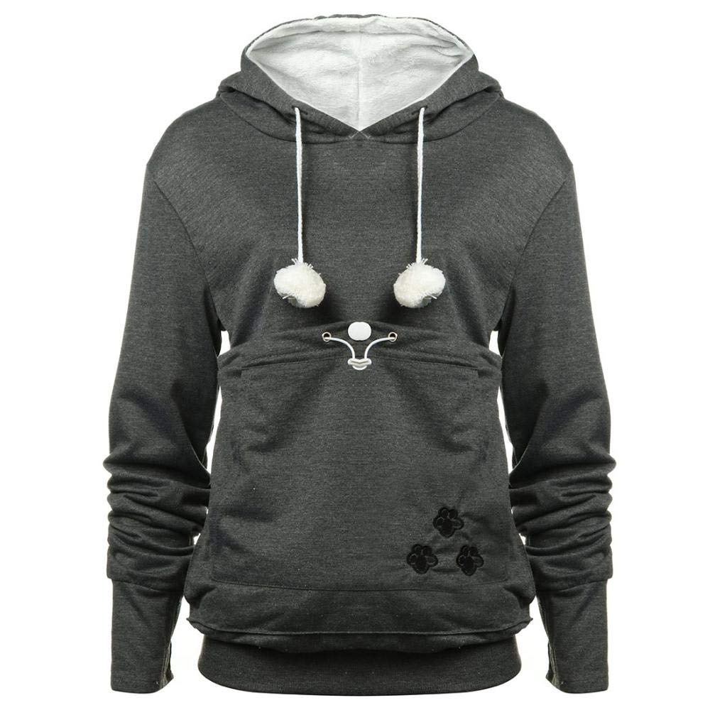 Comeon Kangaroo Hoodie for Women - Large Pocket, Loose Fit, Pet Clip Strap, Black, XS - Perfect for Casual Wear, Dog Walking & Outdoor Activities