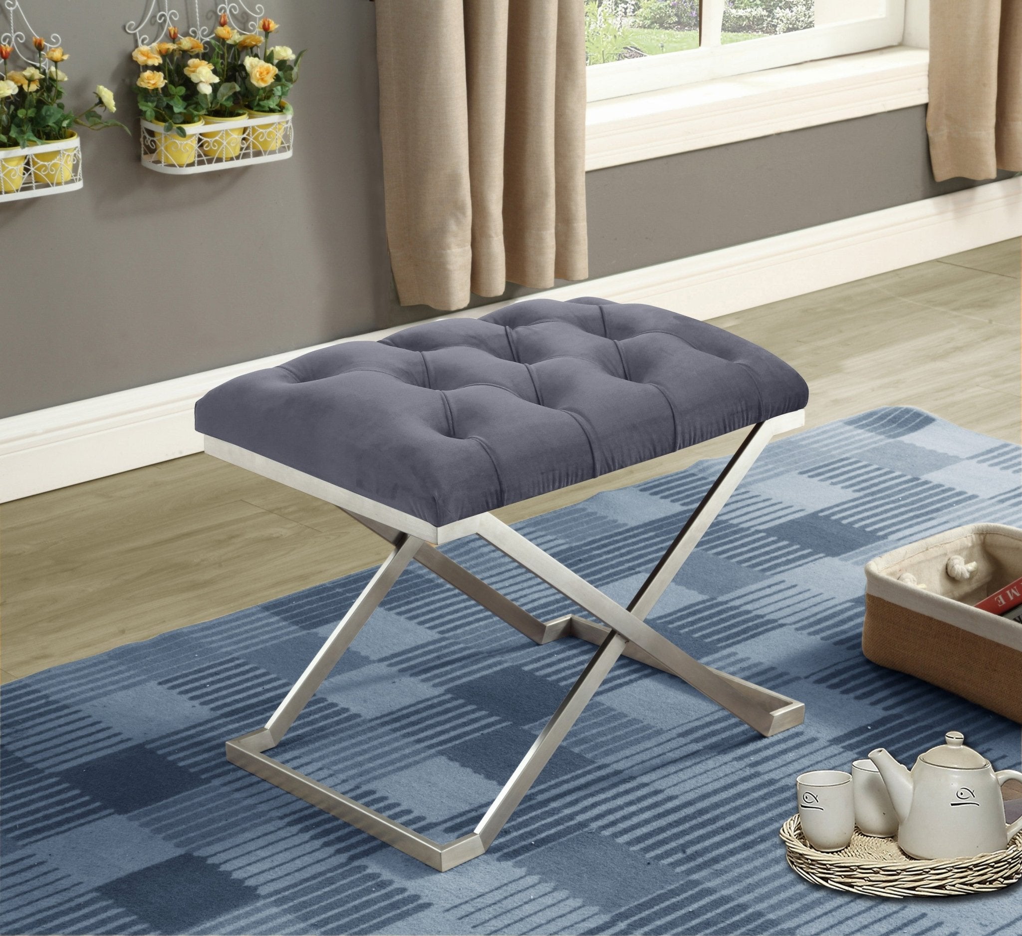Luxury Grey Velvet Storage Ottoman with Stainless Steel Legs - Perfect for Living Room, Bedroom & Home Decor