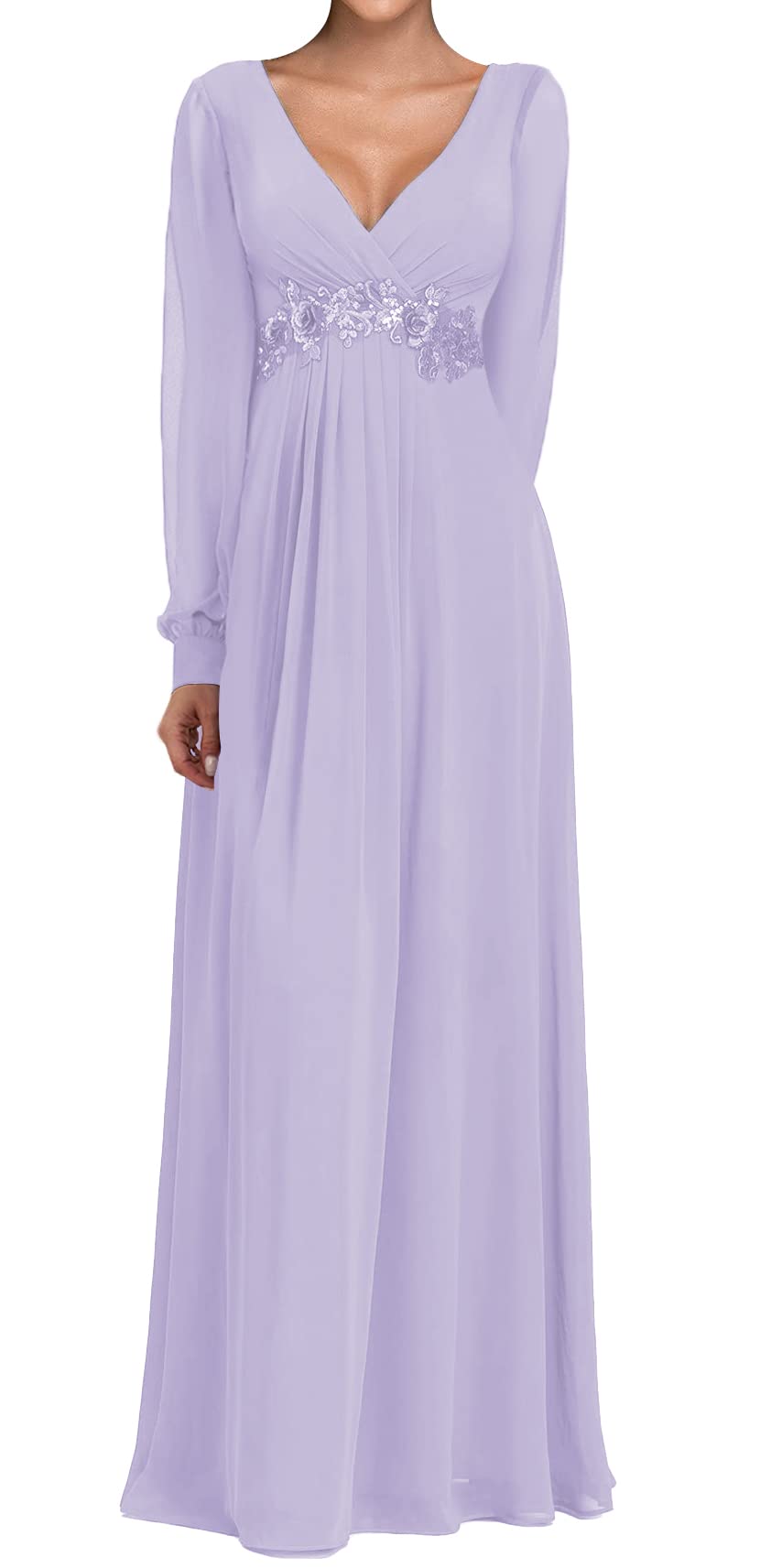 Elegant V-Neck Chiffon Wedding Guest Dresses for Women - Long Sleeve Mother of The Bride Evening Gowns | Perfect for Formal Weddings, Parties & Special Occasions