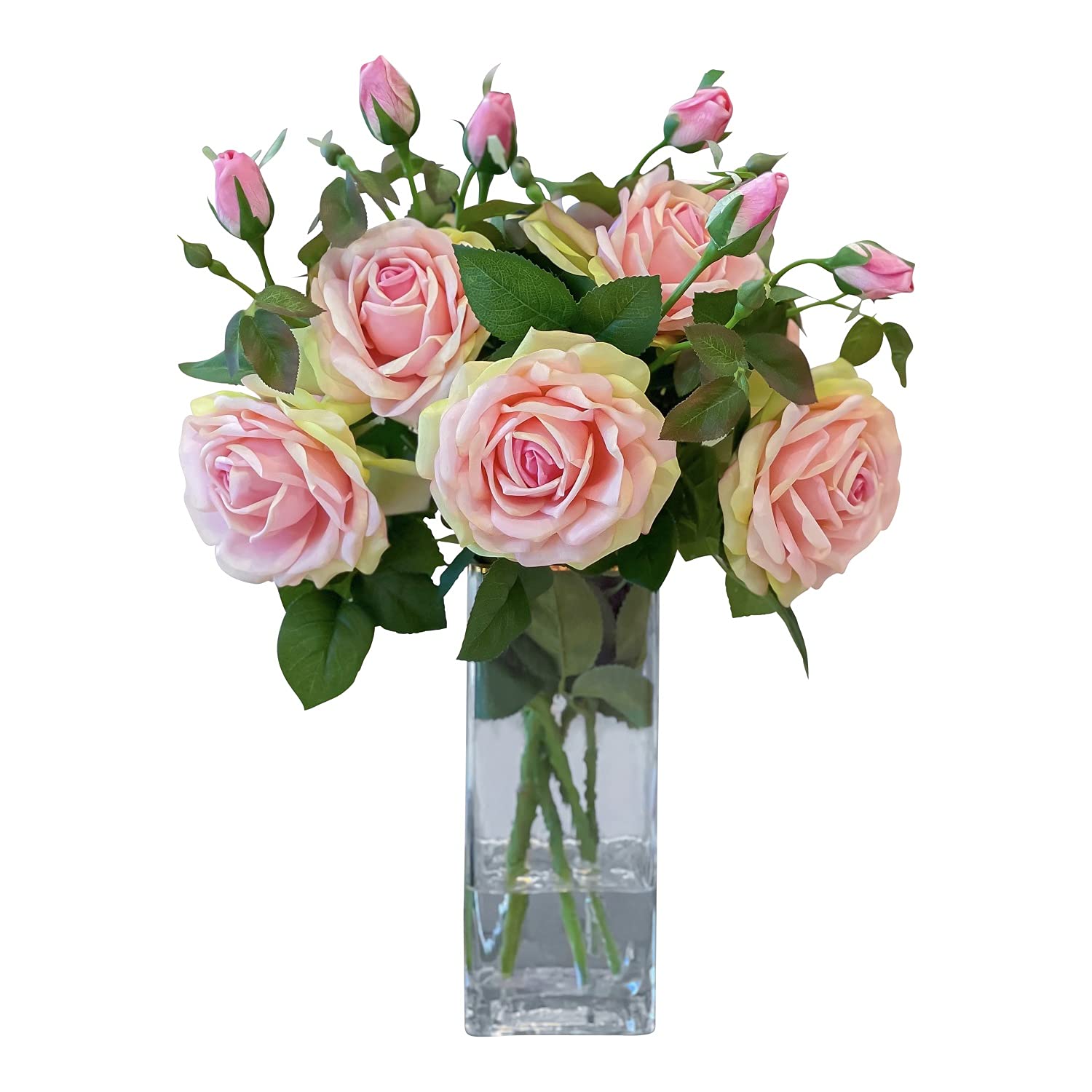 Elegant Pink Roses Artificial Flower Arrangement in Square Glass Vase - Home Decor, Wedding Centerpiece, Office Desk Decor