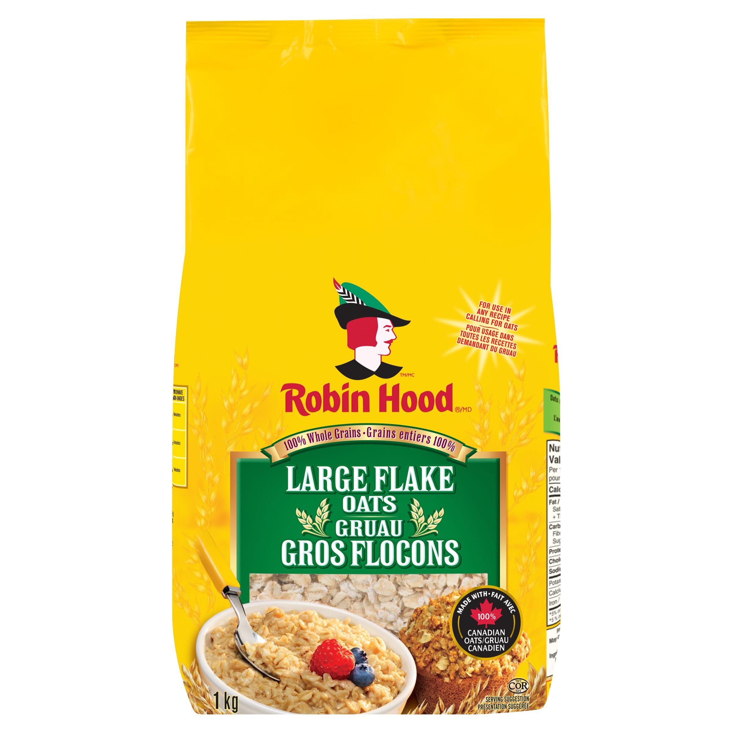 Robin Hood 100% Whole Grain Large Flake Oats - 1kg (Pack of 1) | 100% Canadian Oats | Perfect for Baking, Breakfast Cereal & Healthy Snacks