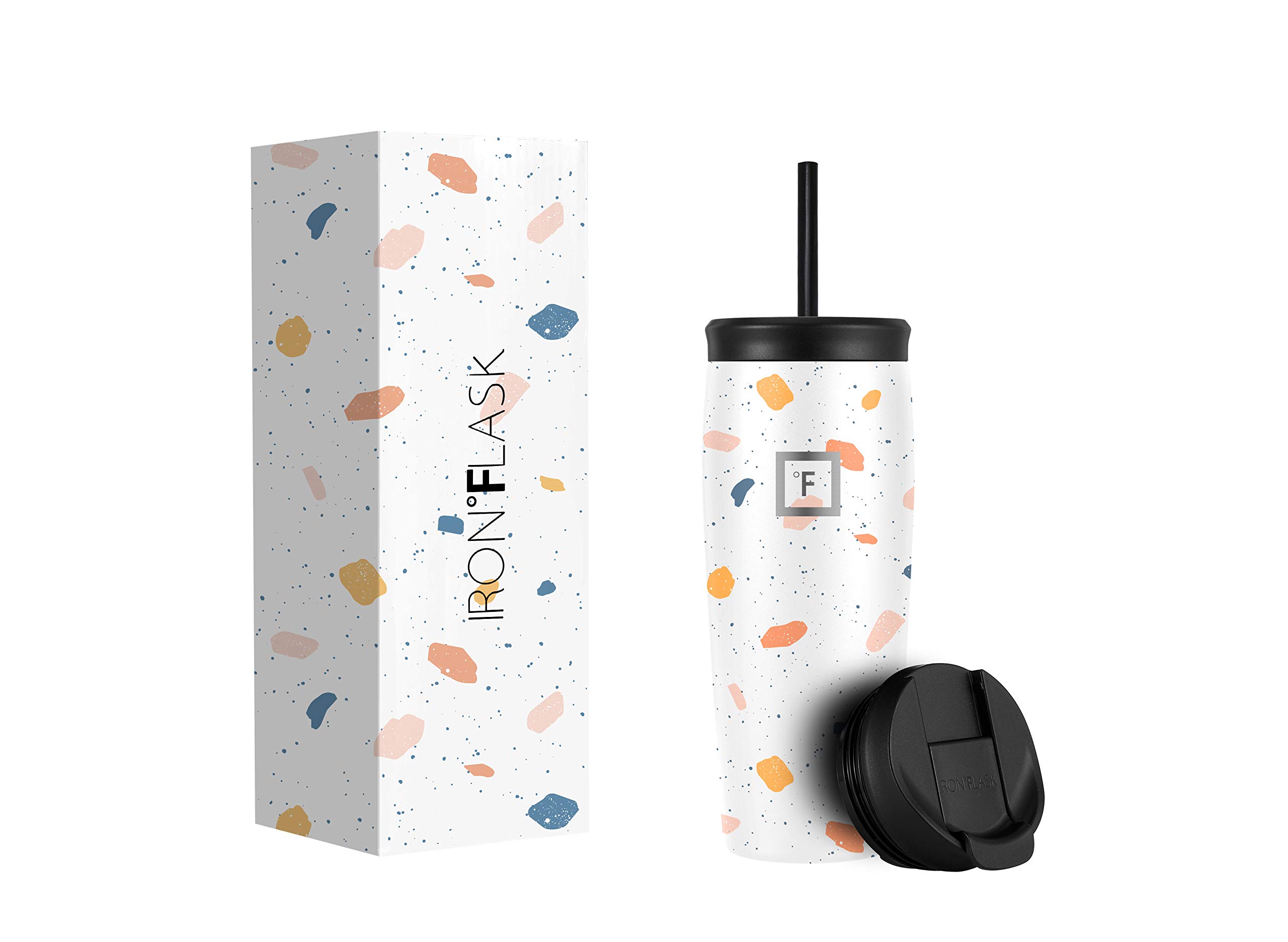 IRON °FLASK Nomad Tumbler 20oz - Vacuum Insulated Stainless Steel Water Bottle with 2 Lids (Straw & Flip Lid), Double Walled Thermo Coffee Travel Mug, Leak Proof Metal Canteen (Terrazzo) - Perfect for Gym, Hiking, Office & Outdoor Adventures