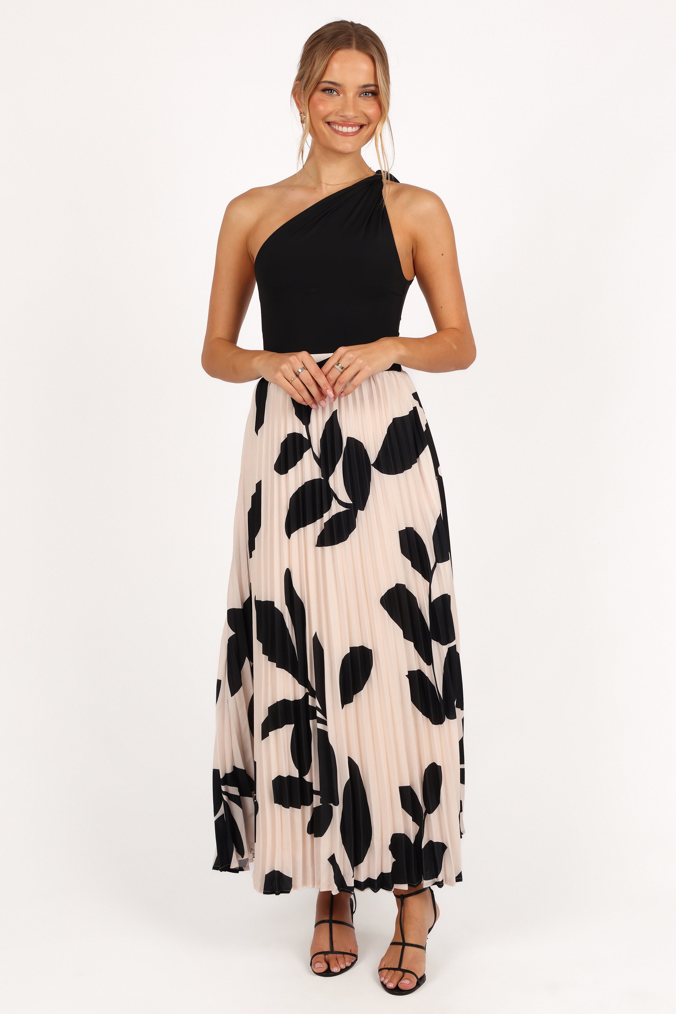 Aurora Pleated Maxi Skirt for Women - Cream Black Floral Print, High Waist Elegant Long Skirt for Spring Summer, Perfect for Beach, Party, and Casual Outfits