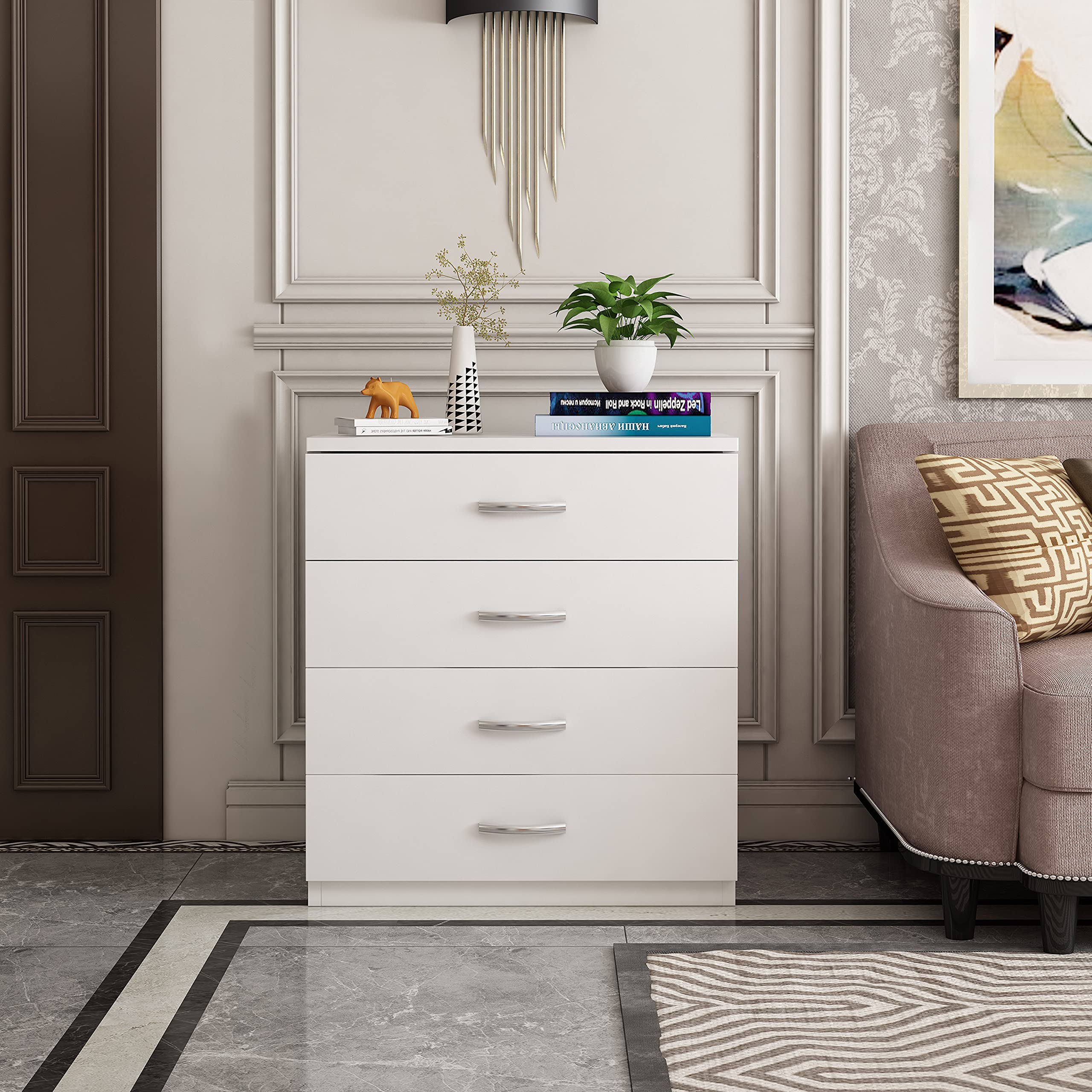 Kingwolfox Modern 4-Drawer MDF Dresser with Solid Wood Frame - Wide Storage Chest Organizer for Bedroom, Living Room & Kids Room (White) | Space-Saving Furniture for Small Apartments & Home Organization
