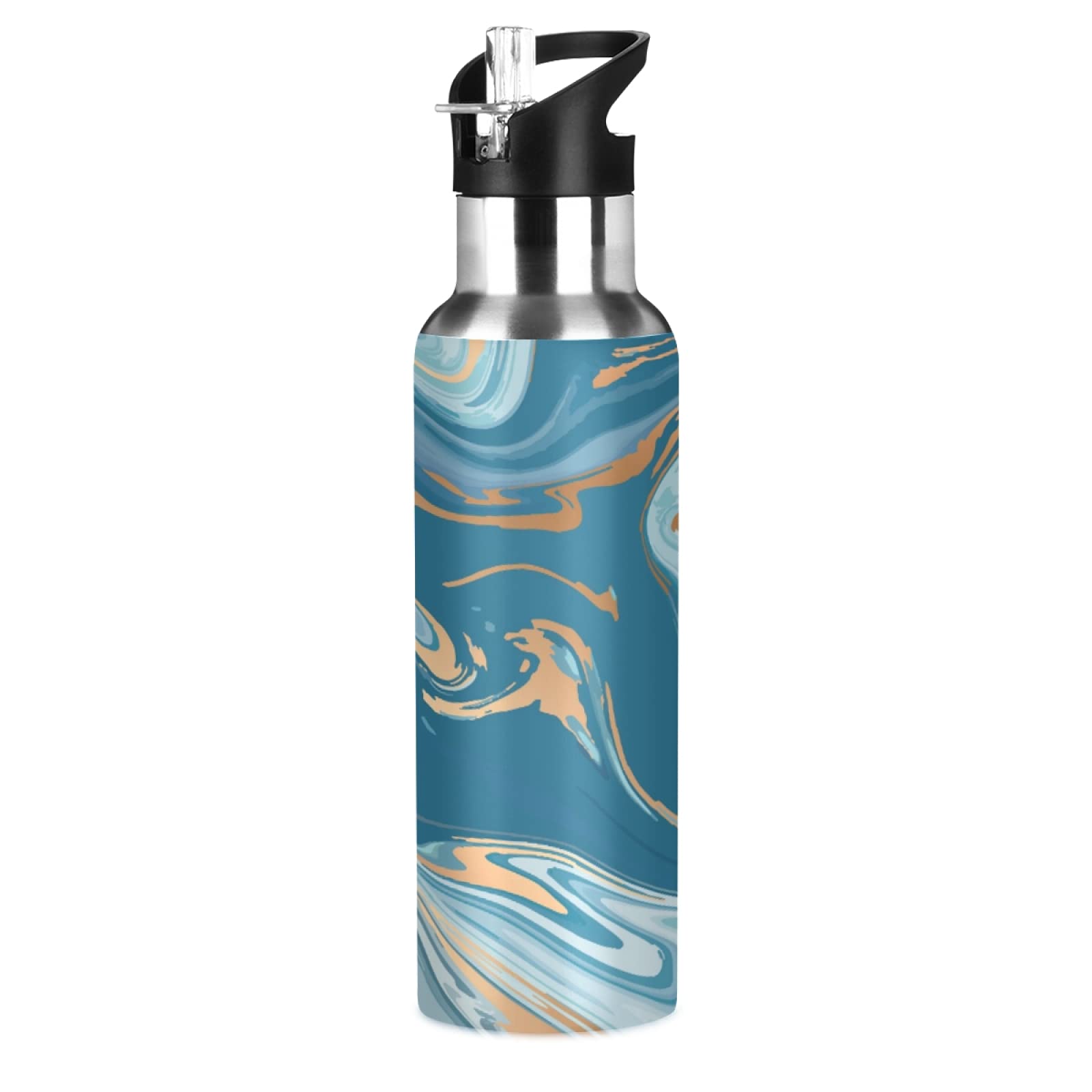 Insulated Stainless Steel Water Bottle with Straw - Art Marble Copper Design, Vacuum Flask for Hot & Cold Drinks, Leakproof Sports Bottle for Kids & Adults - Perfect for Gym, Hiking, Travel & School