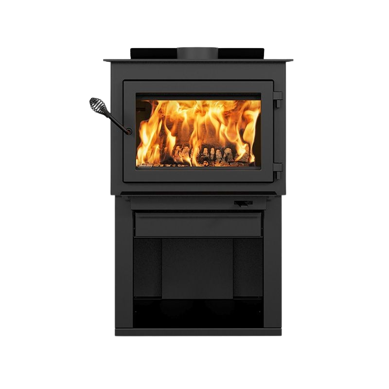 Drolet Deco Alto 2,100 Sq. Ft. Pedestal Wood Burning Stove with Log Storage - Efficient Heating for Cabins, Living Rooms & Outdoor Spaces