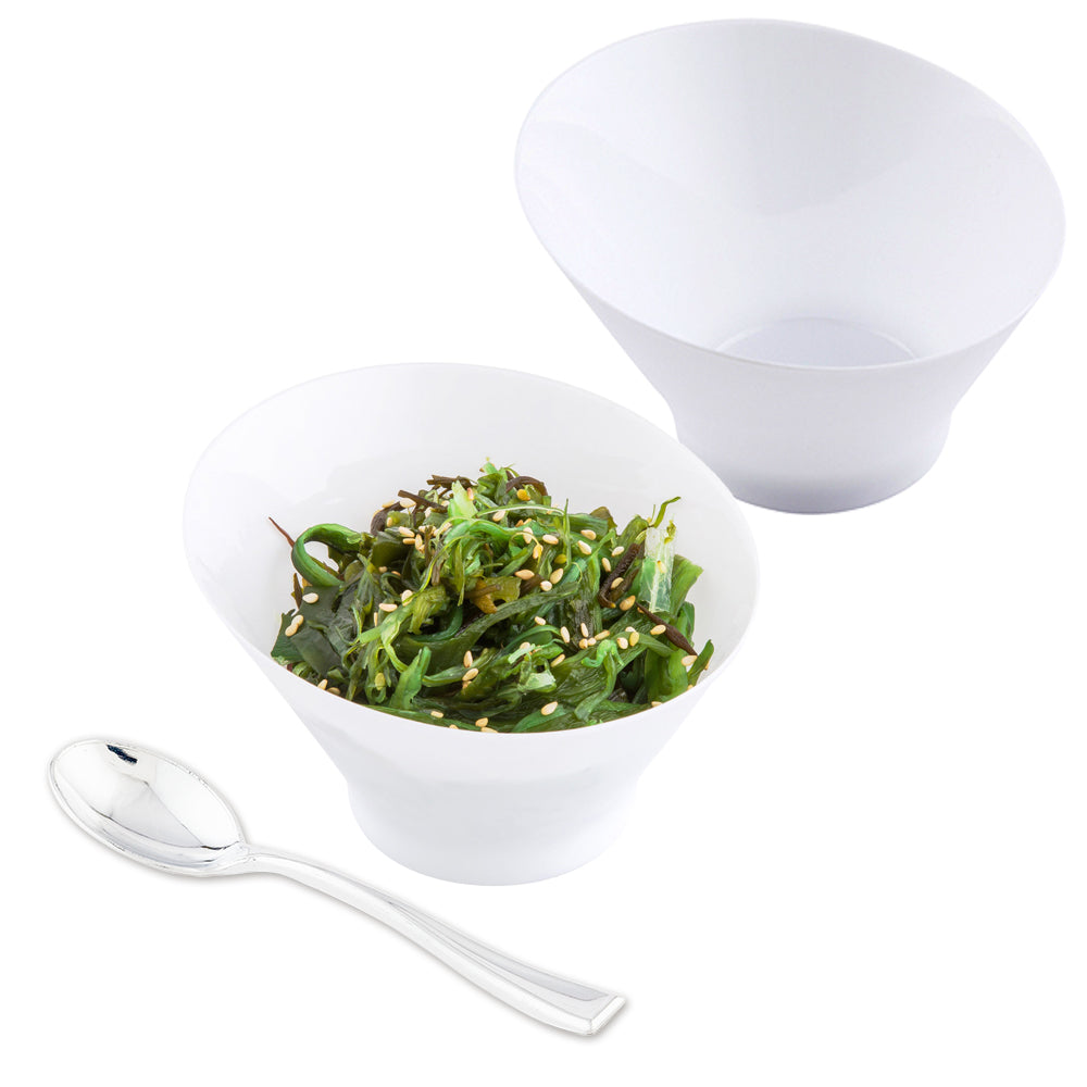 100 Pack 7 oz Round White Plastic Incline Bowls with 100 Silver Mini Plastic Spoons - Perfect for Party Serving, Catering, and Ice Cream Shops