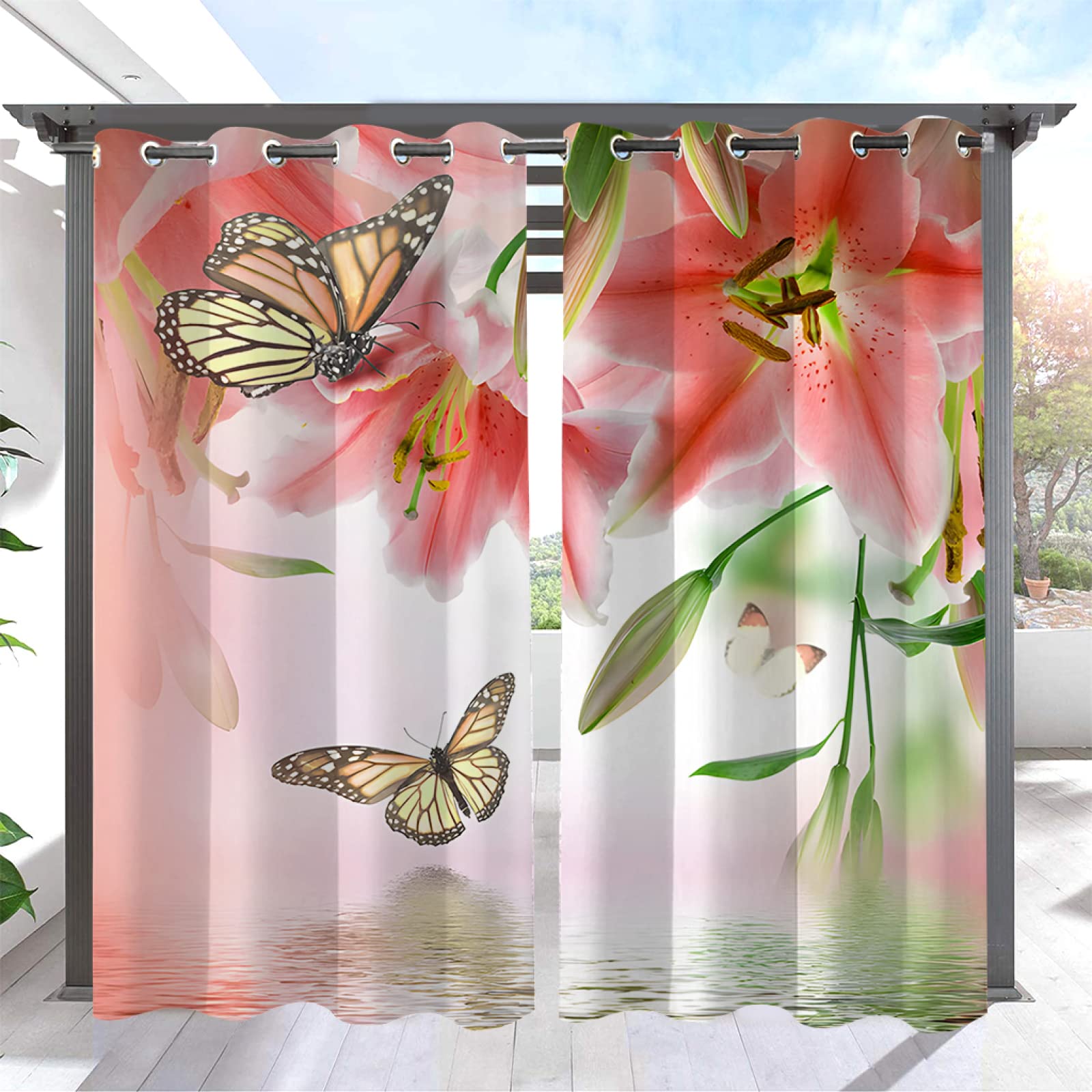 Pink Butterfly Blackout Outdoor Curtains - Soundproof Thermal Insulated Curtains with Grommets, 84